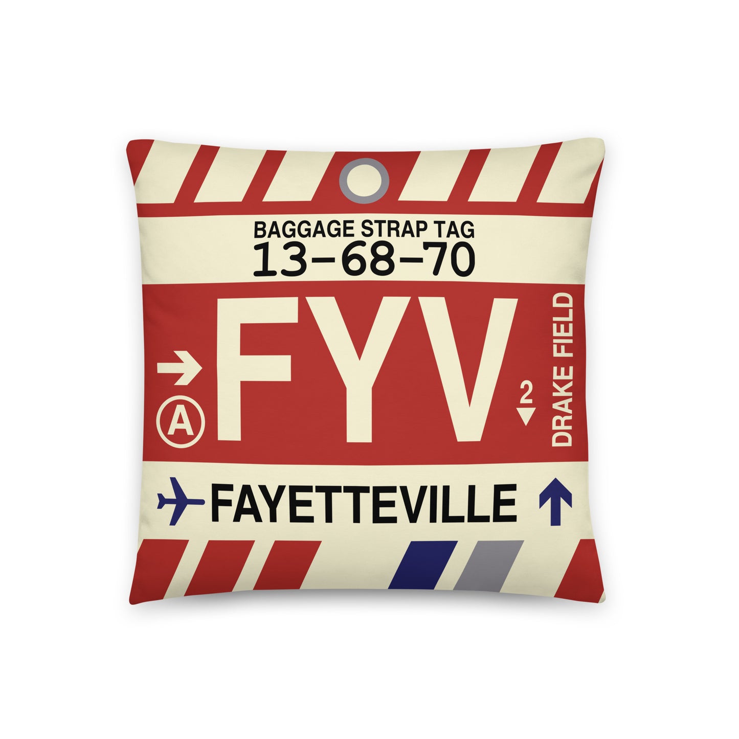 FYV Fayetteville Throw Pillow • Jet Age Baggage Tag Design • YHM Designs - Image 01