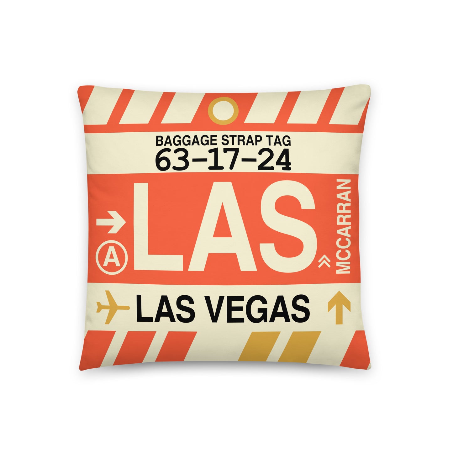 LAS Las Vegas Throw Pillow • Jet Age Baggage Tag Design • YHM Designs - Image 01