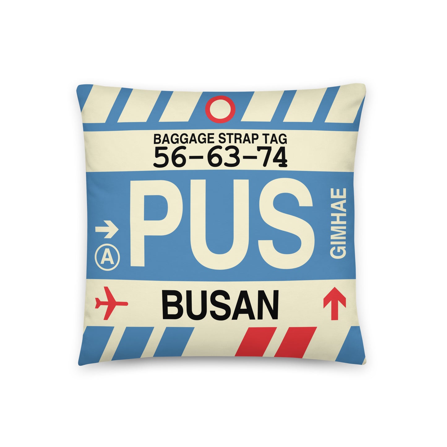 PUS Busan Throw Pillow • Jet Age Baggage Tag Design • YHM Designs - Image 01