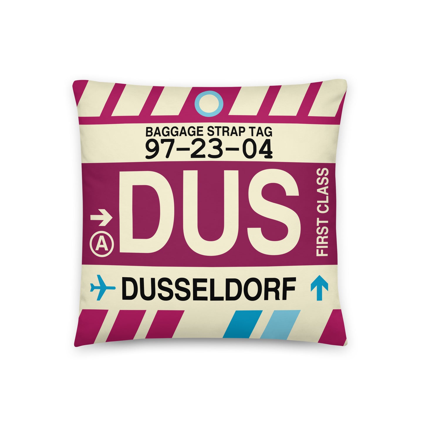 DUS Dusseldorf Throw Pillow • Jet Age Baggage Tag Design • YHM Designs - Image 01