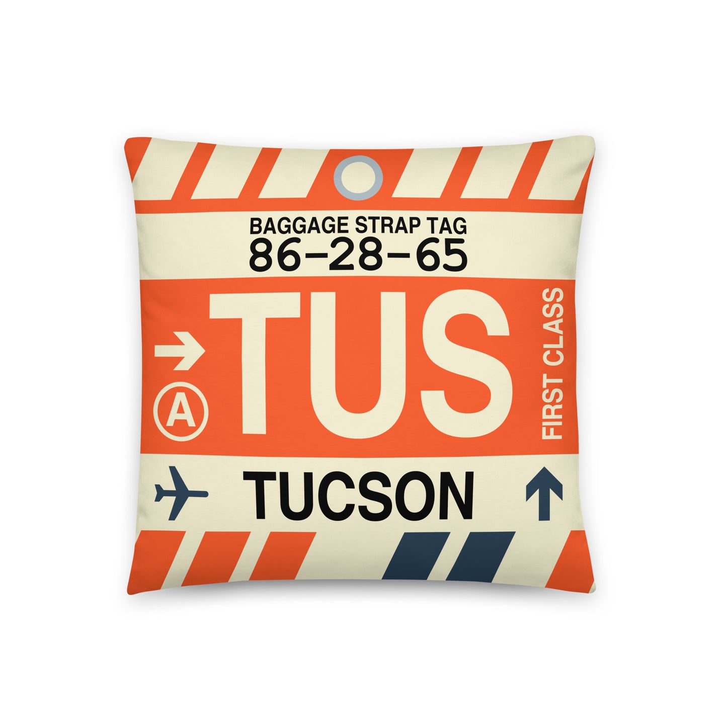 TUS Tucson Throw Pillow • Jet Age Baggage Tag Design • YHM Designs - Image 01
