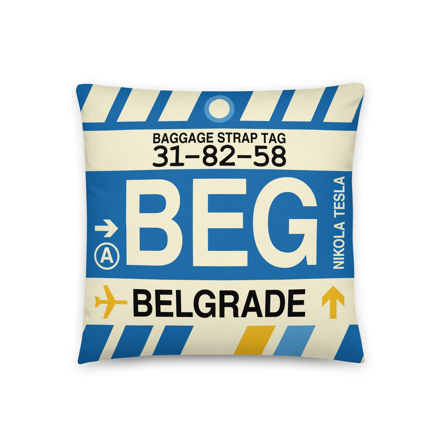 BEG Belgrade Throw Pillow • Jet Age Baggage Tag Design • YHM Designs - Image 01