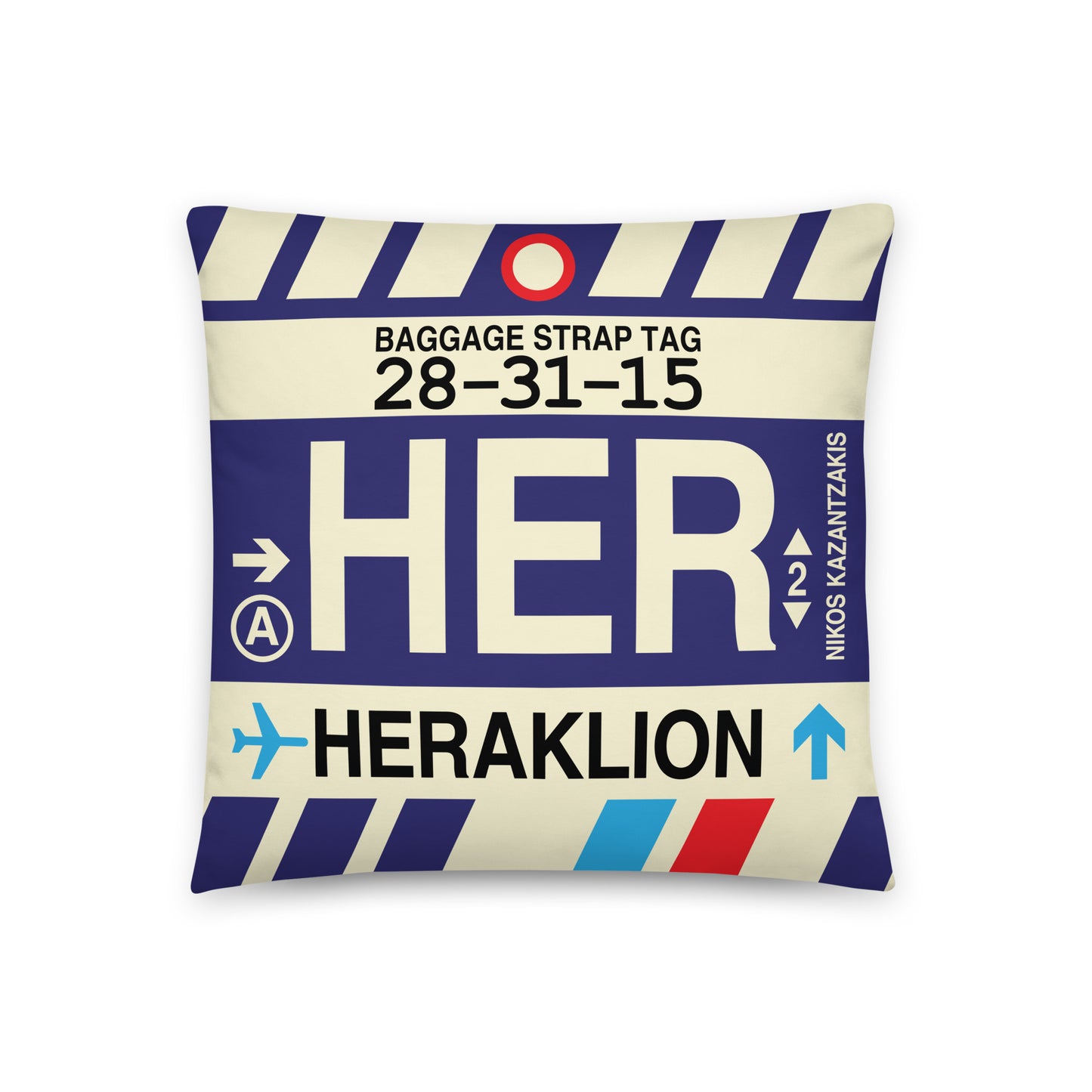 HER Heraklion Throw Pillow • Jet Age Baggage Tag Design • YHM Designs - Image 01