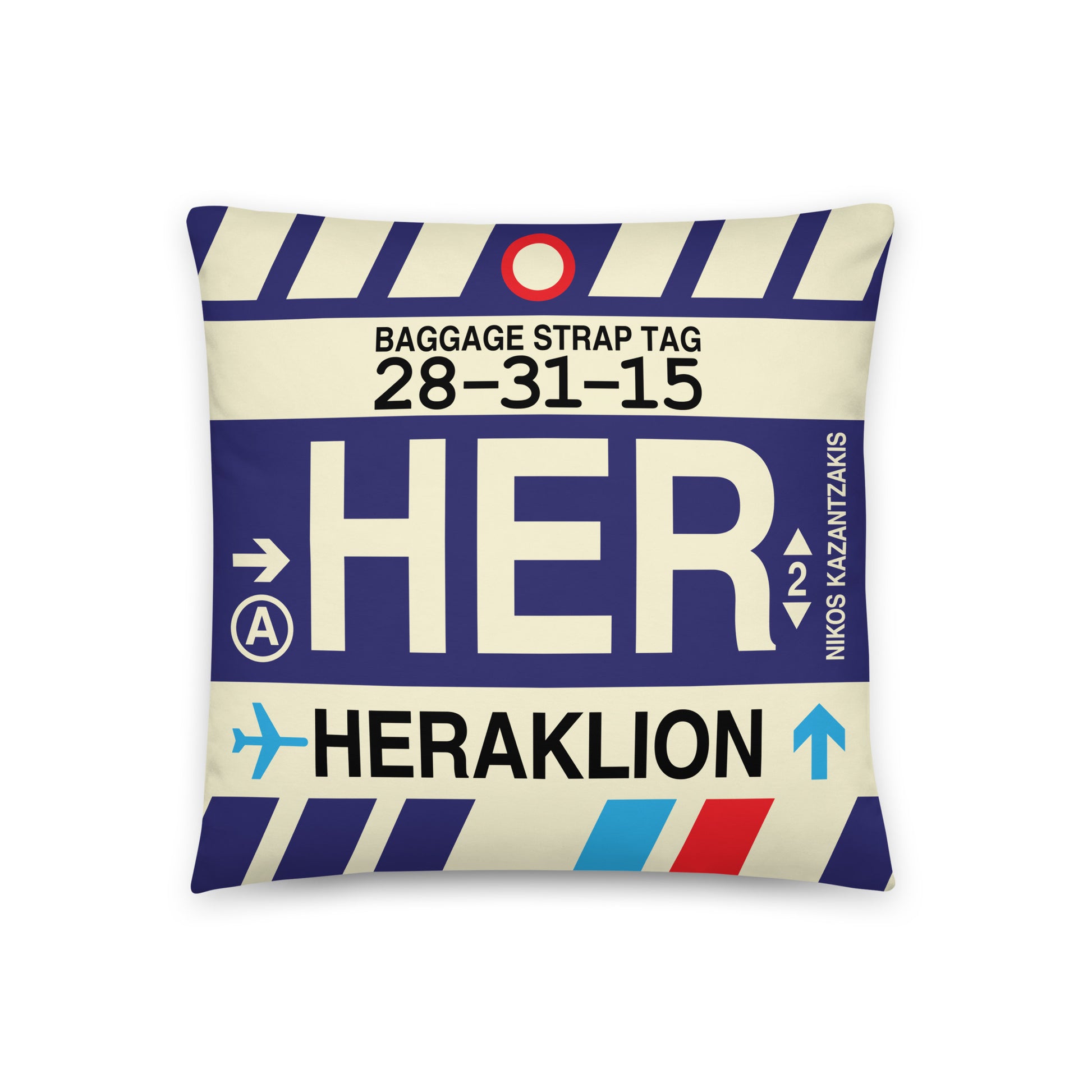 HER Heraklion Throw Pillow • Jet Age Baggage Tag Design • YHM Designs - Image 01