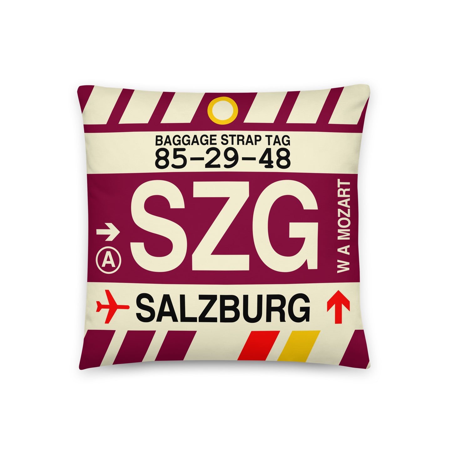 SZG Salzburg Throw Pillow • Jet Age Baggage Tag Design • YHM Designs - Image 01