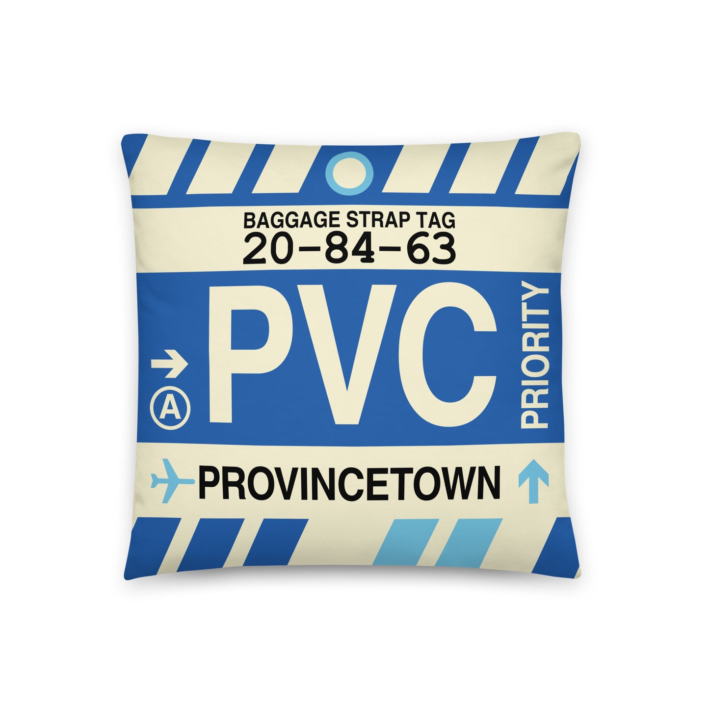 PVC Provincetown Throw Pillow • Jet Age Baggage Tag Design • YHM Designs - Image 01