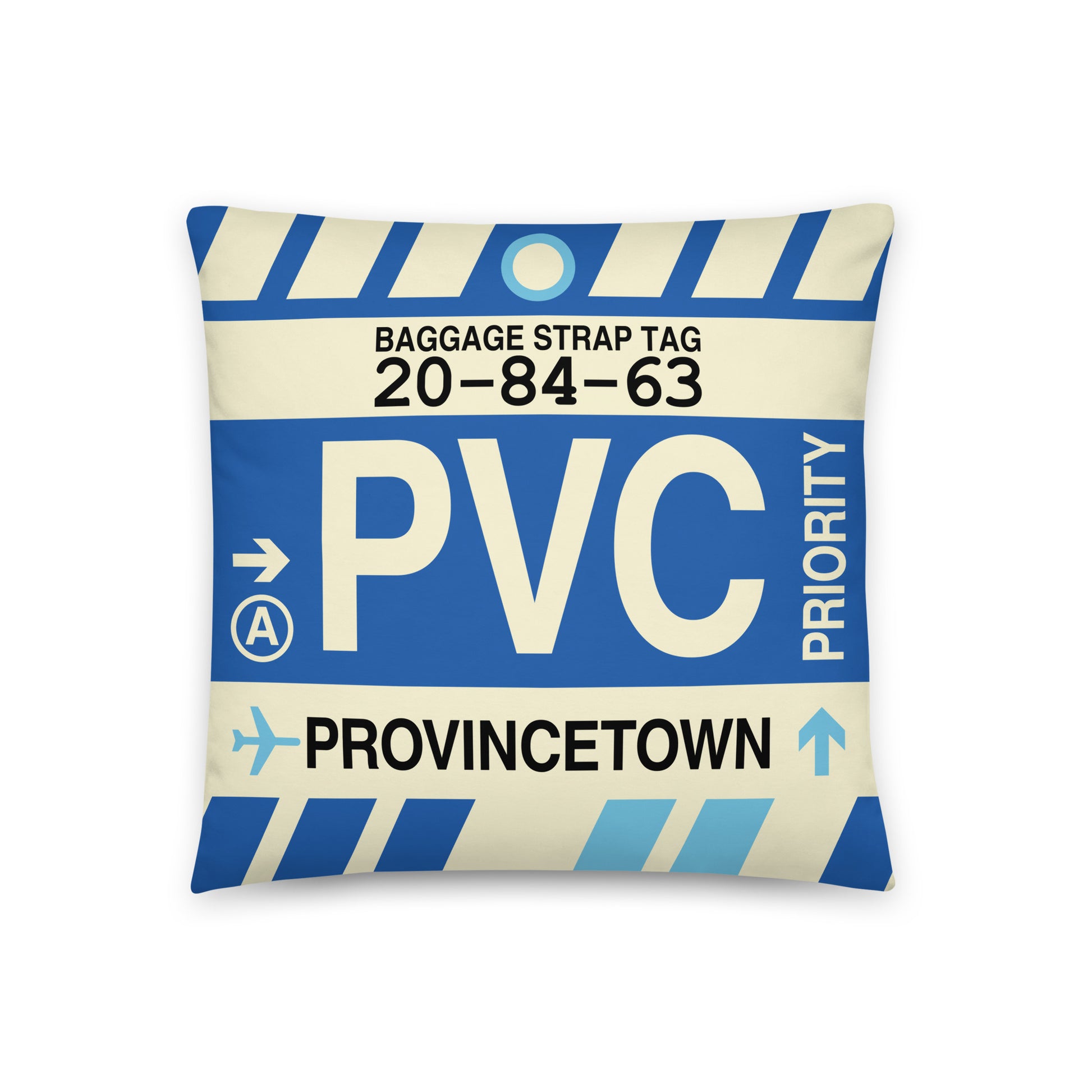 PVC Provincetown Throw Pillow • Jet Age Baggage Tag Design • YHM Designs - Image 01