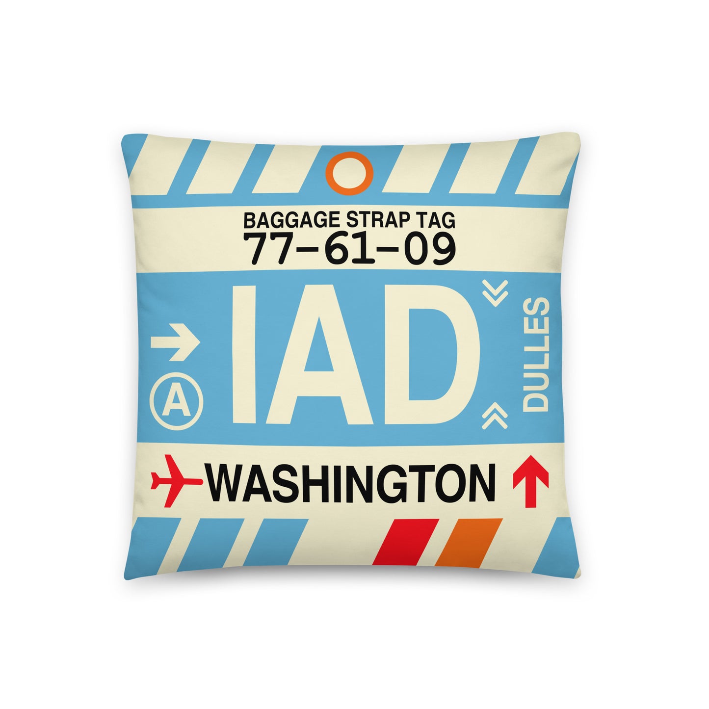 IAD Washington Throw Pillow • Jet Age Baggage Tag Design • YHM Designs - Image 01