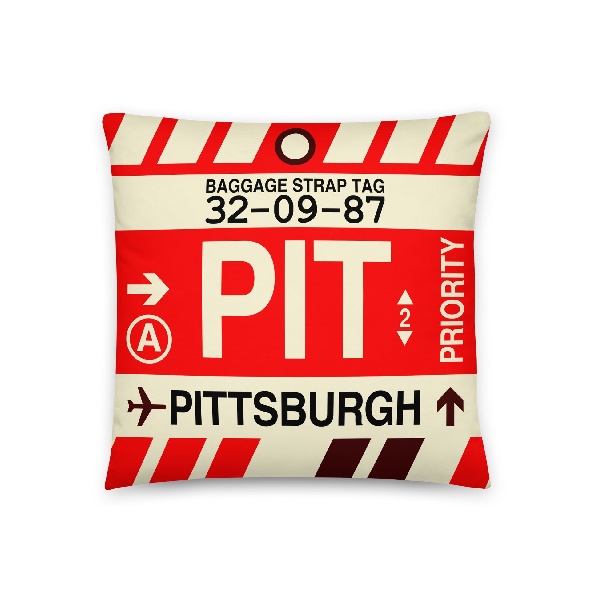 PIT Pittsburgh Throw Pillow • Jet Age Baggage Tag Design • YHM Designs - Image 01