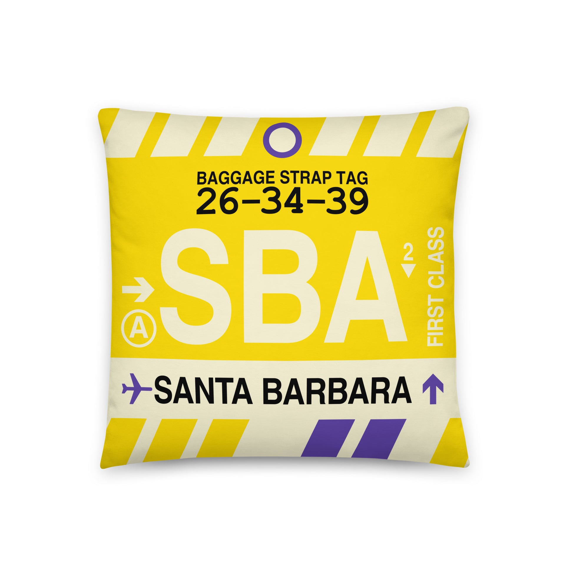 SBA Santa Barbara Throw Pillow • Jet Age Baggage Tag Design • YHM Designs - Image 01