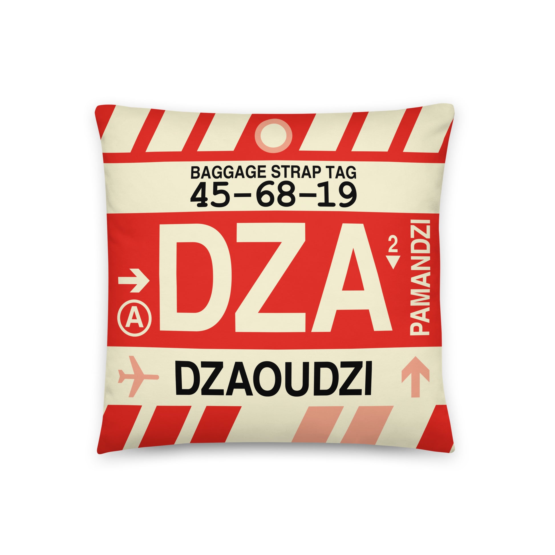 DZA Dzaoudzi Throw Pillow • Jet Age Baggage Tag Design • YHM Designs - Image 01