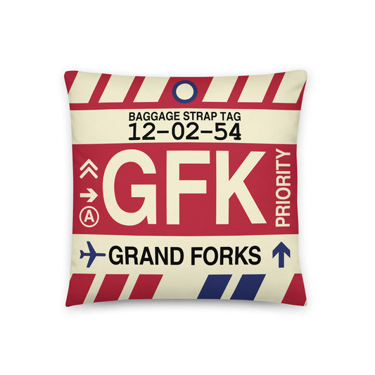 GFK Grand Forks Throw Pillow • Jet Age Baggage Tag Design • YHM Designs - Image 01