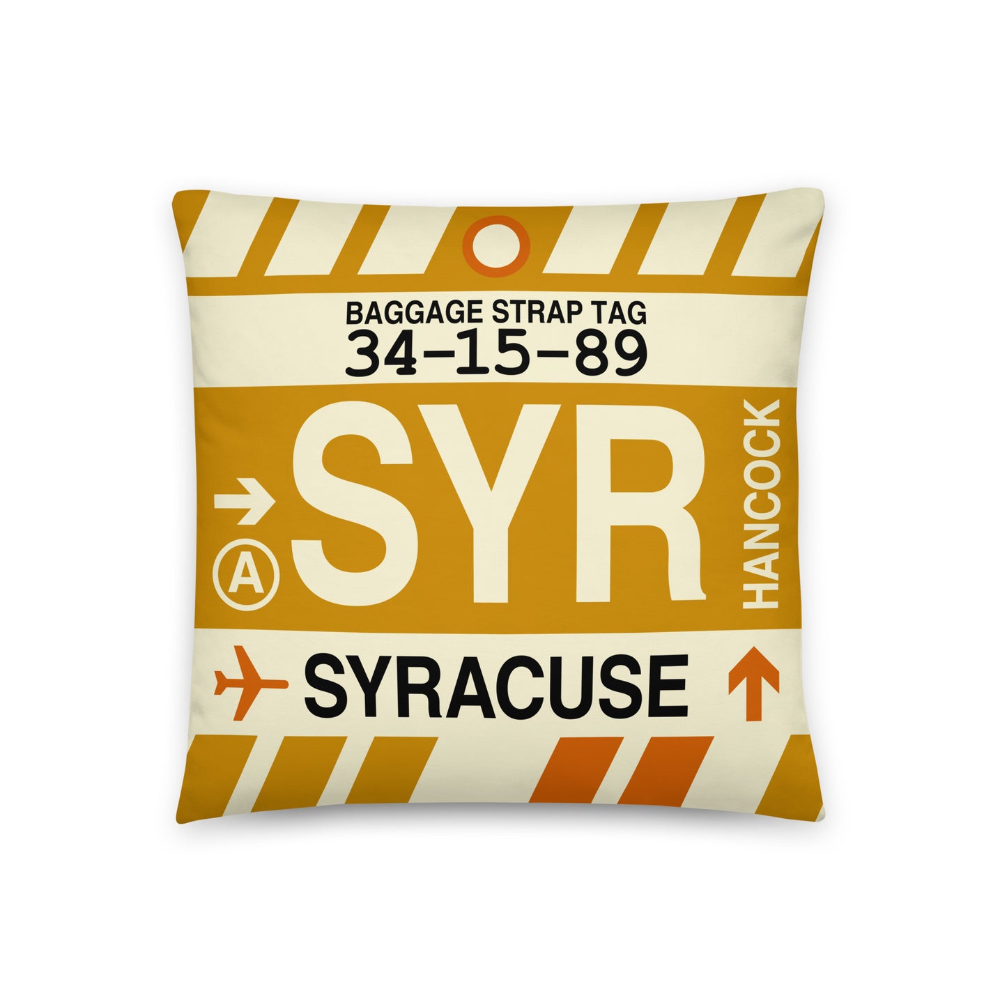 SYR Syracuse Throw Pillow • Jet Age Baggage Tag Design • YHM Designs - Image 01