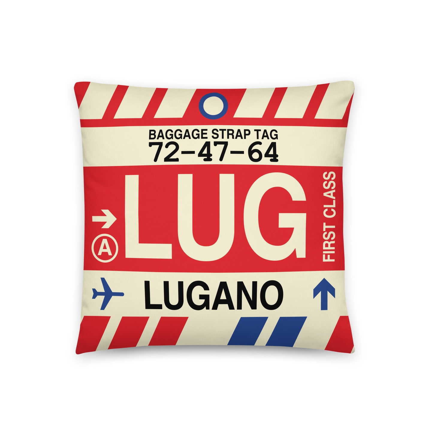 LUG Lugarno Throw Pillow • Jet Age Baggage Tag Design • YHM Designs - Image 01