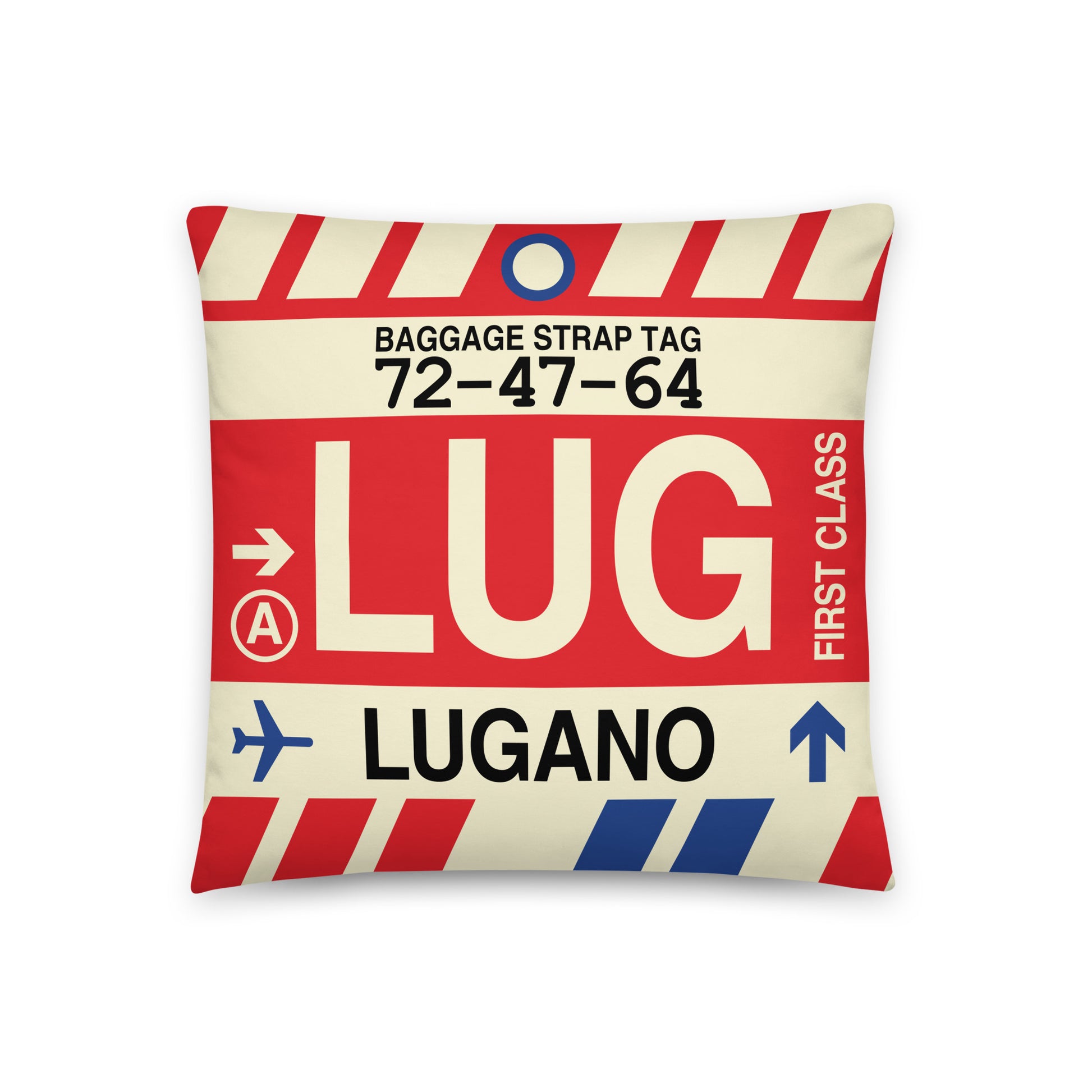 LUG Lugarno Throw Pillow • Jet Age Baggage Tag Design • YHM Designs - Image 01