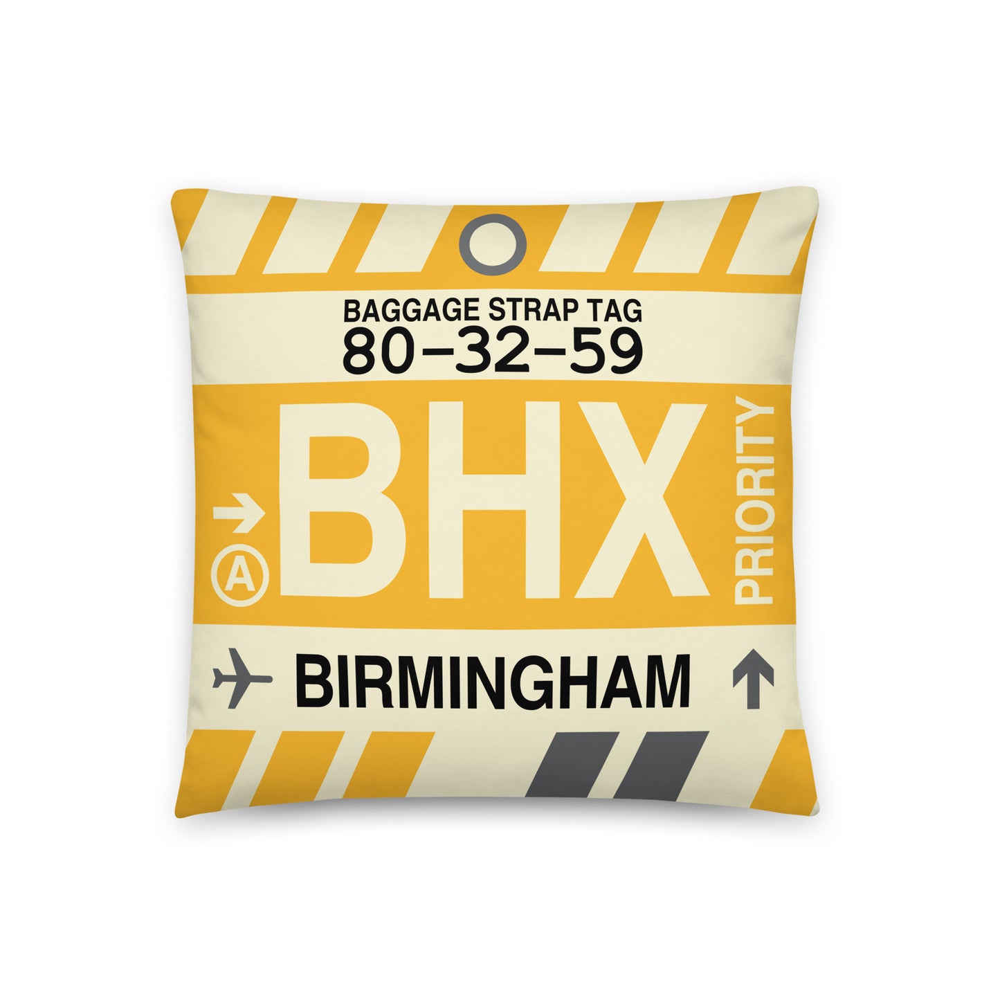BHX Birmingham Throw Pillow • Jet Age Baggage Tag Design • YHM Designs - Image 01