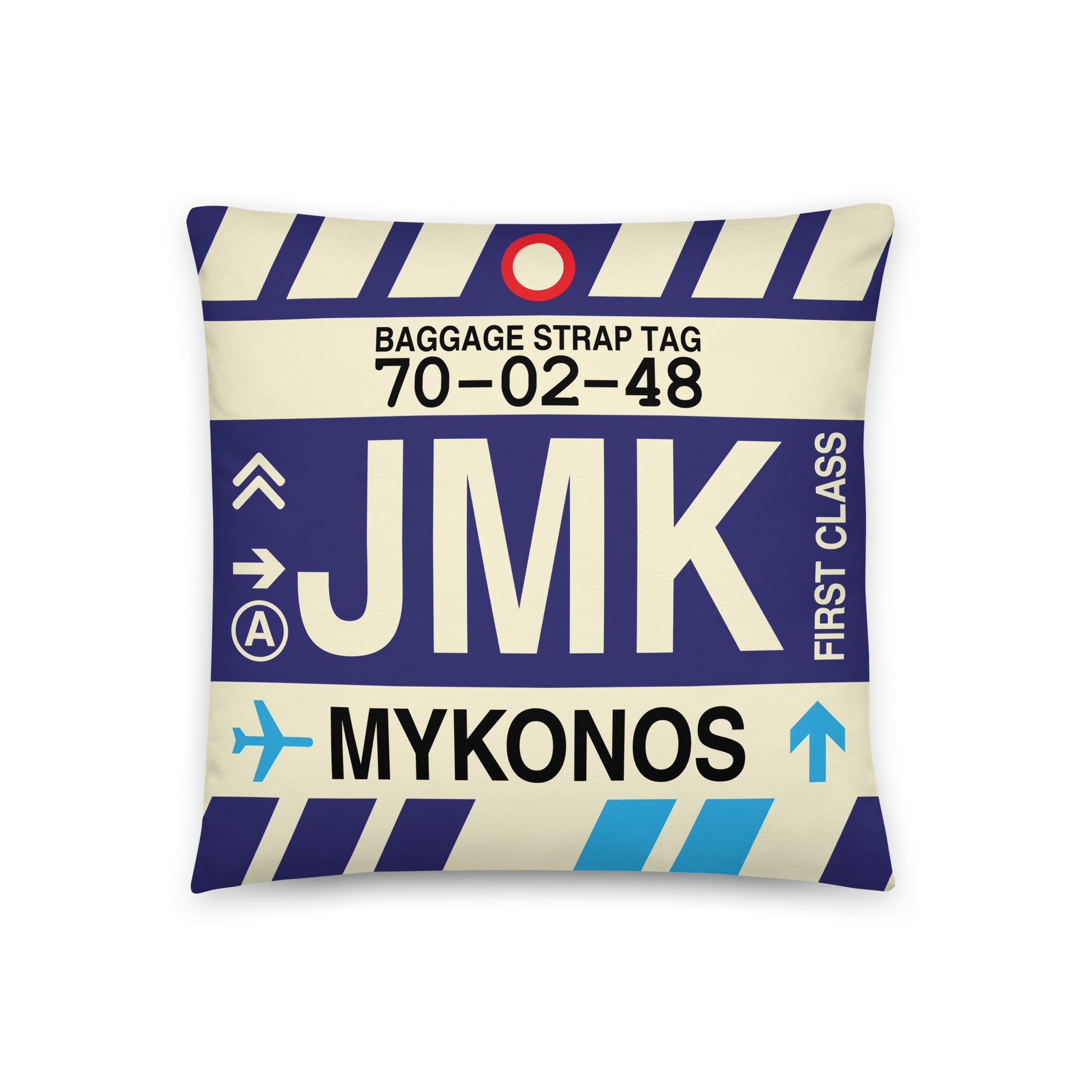 JMK Mykonos Throw Pillow • Jet Age Baggage Tag Design • YHM Designs - Image 01