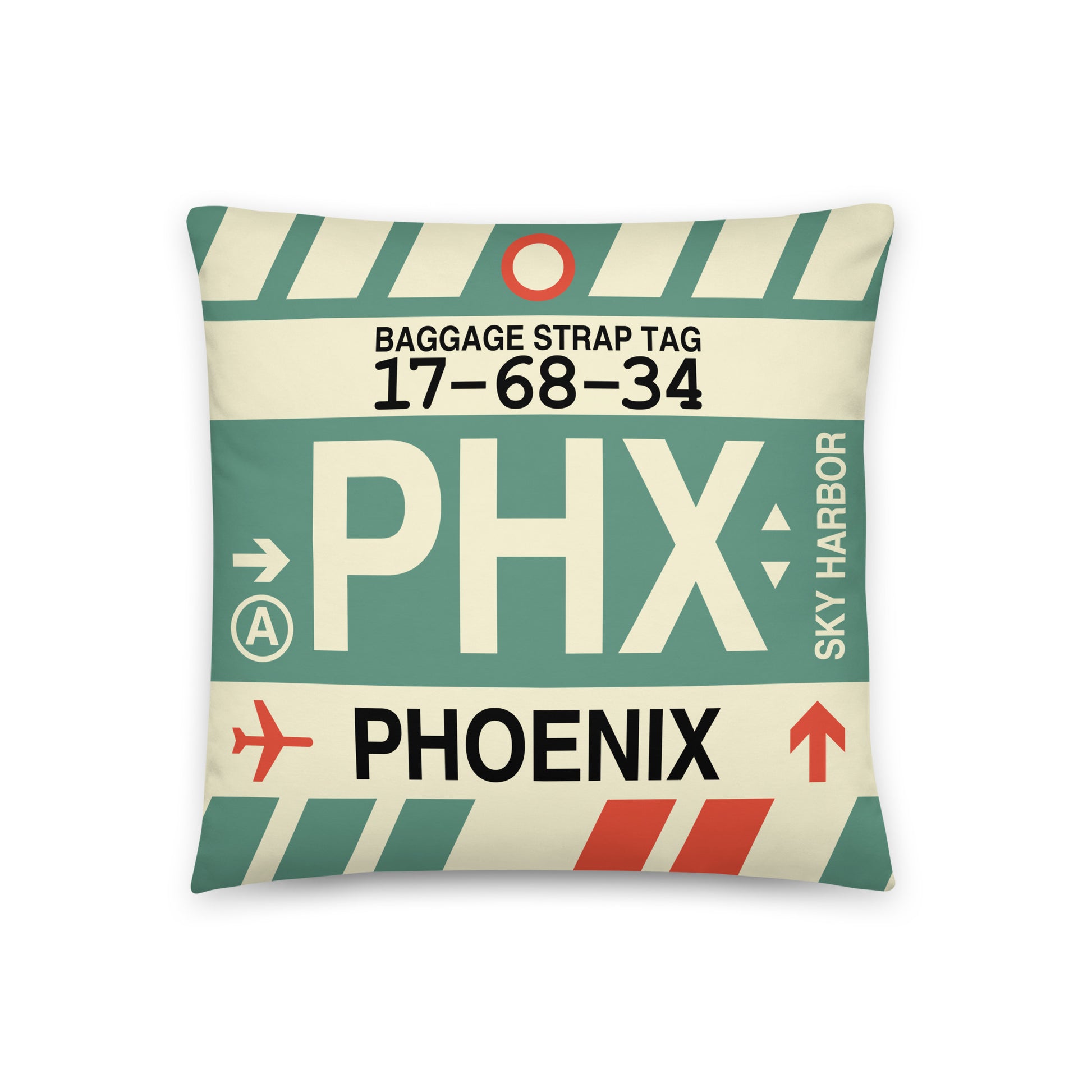 PHX Phoenix Throw Pillow • Jet Age Baggage Tag Design • YHM Designs - Image 01