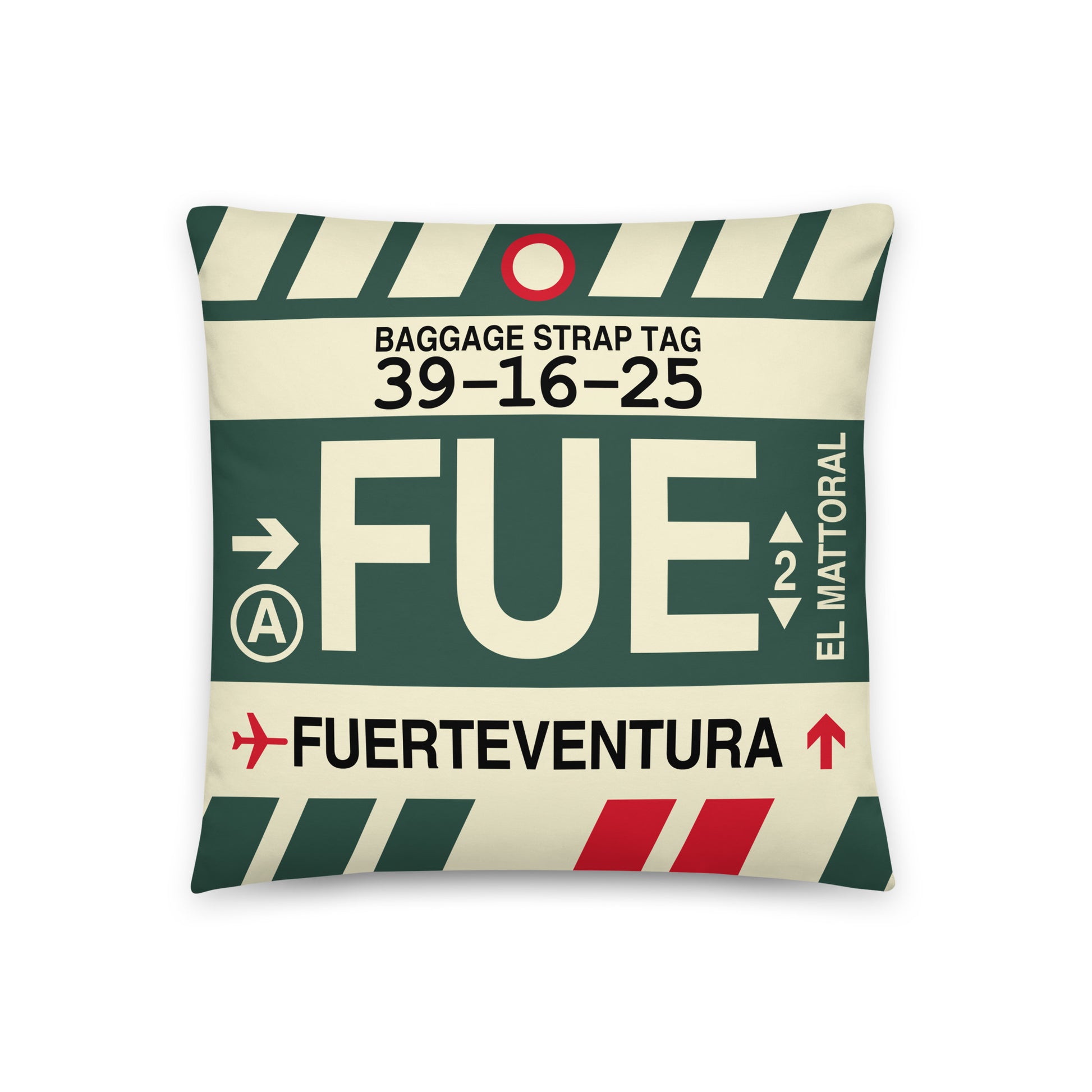 FUE Fuerteventura Throw Pillow • Jet Age Baggage Tag Design • YHM Designs - Image 01