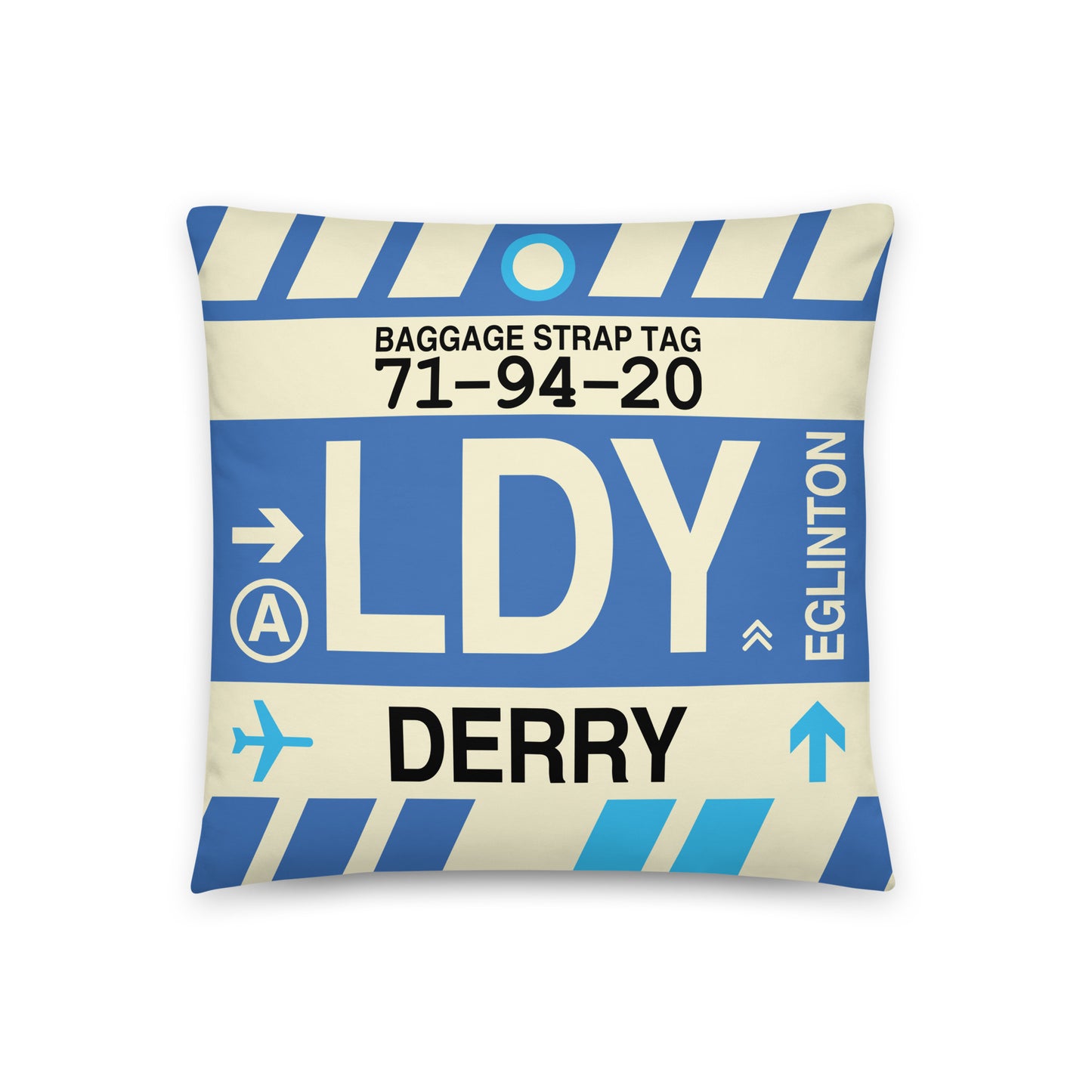 LDY Derry Throw Pillow • Jet Age Baggage Tag Design • YHM Designs - Image 01