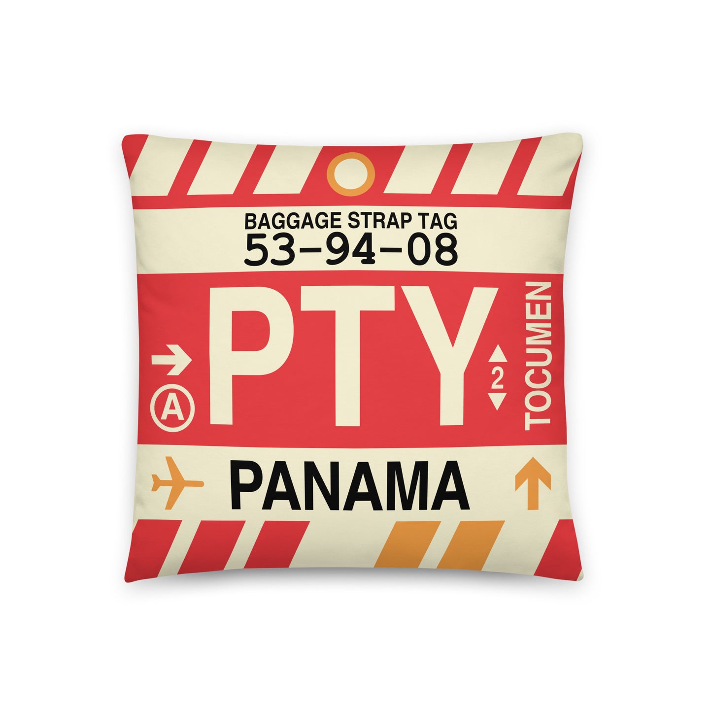 PTY Panama City Throw Pillow • Jet Age Baggage Tag Design • YHM Designs - Image 01