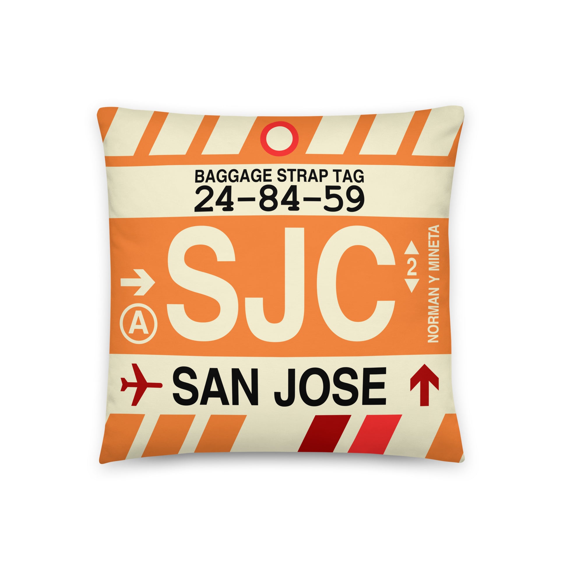 SJC San Jose Throw Pillow • Jet Age Baggage Tag Design • YHM Designs - Image 01