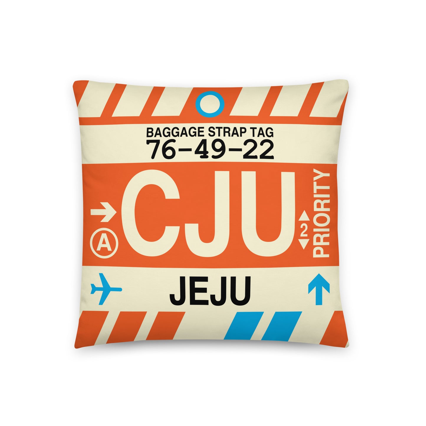 CJU Jeju Throw Pillow • Jet Age Baggage Tag Design • YHM Designs - Image 01