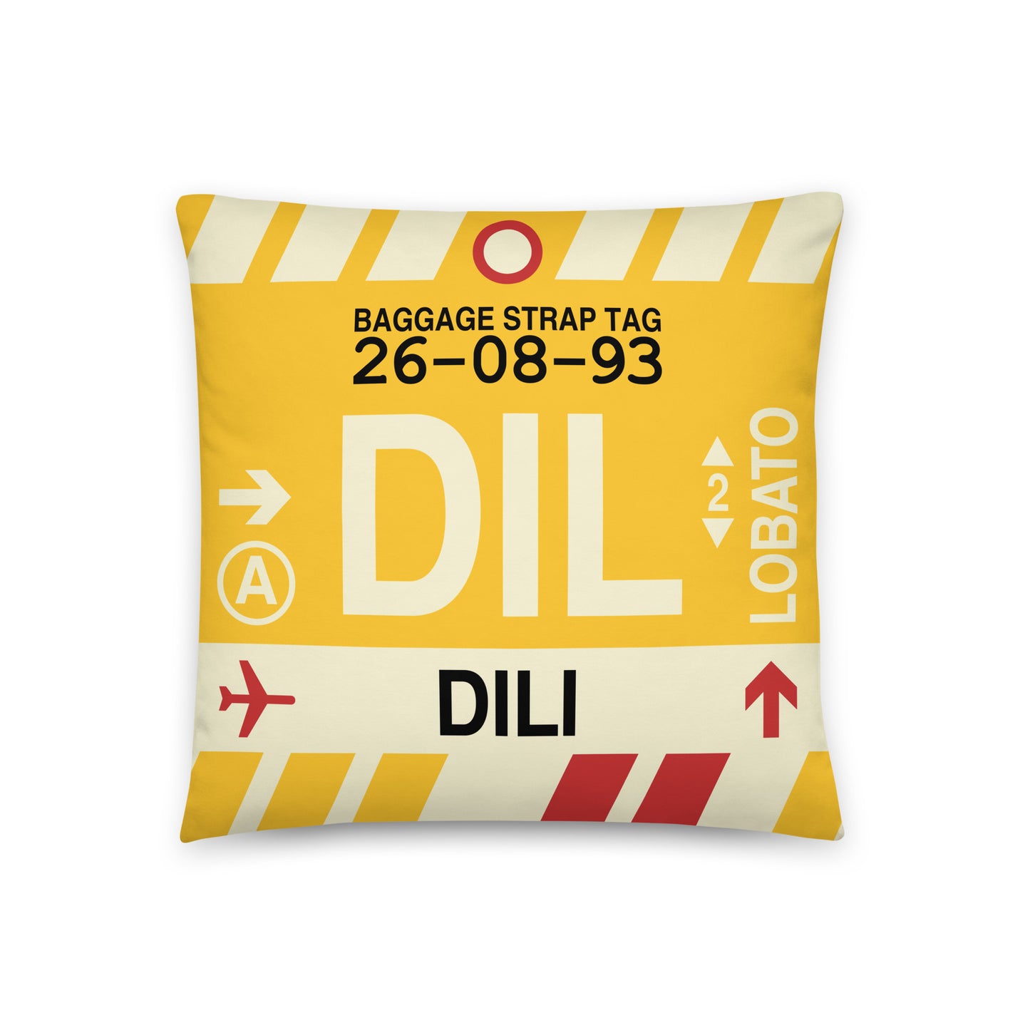 DIL Dili Throw Pillow • Jet Age Baggage Tag Design • YHM Designs - Image 01