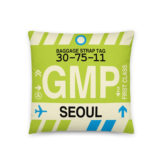 GMP Seoul Throw Pillow • Jet Age Baggage Tag Design • YHM Designs - Image 01