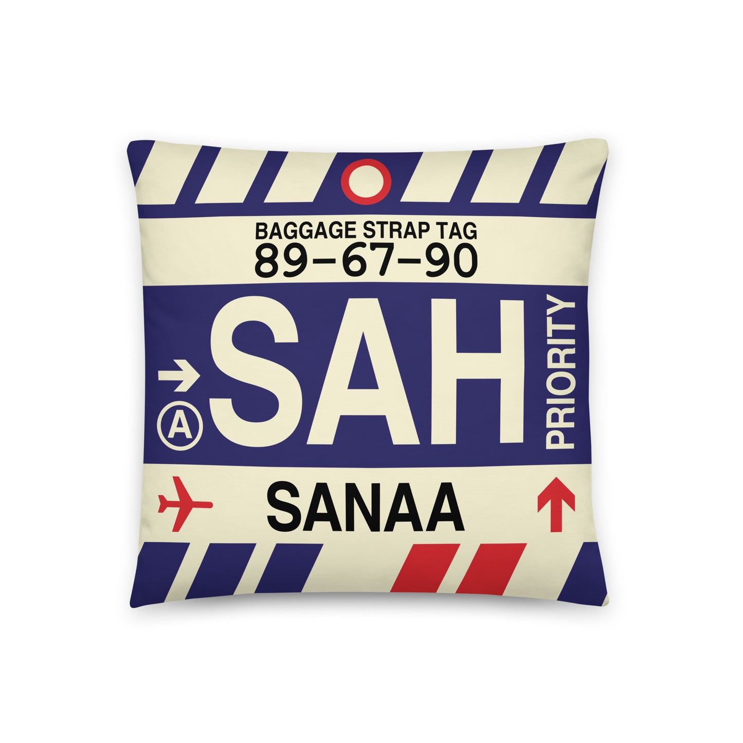 SAH Sanaa Throw Pillow • Jet Age Baggage Tag Design • YHM Designs - Image 01