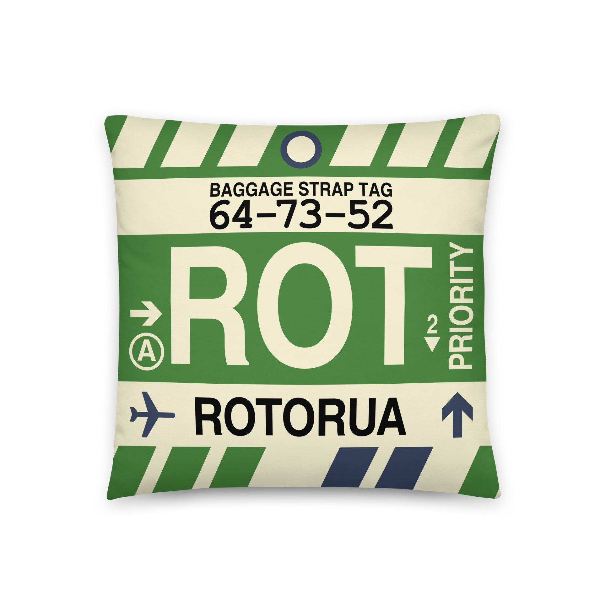ROT Rotorua Throw Pillow • Jet Age Baggage Tag Design • YHM Designs - Image 01