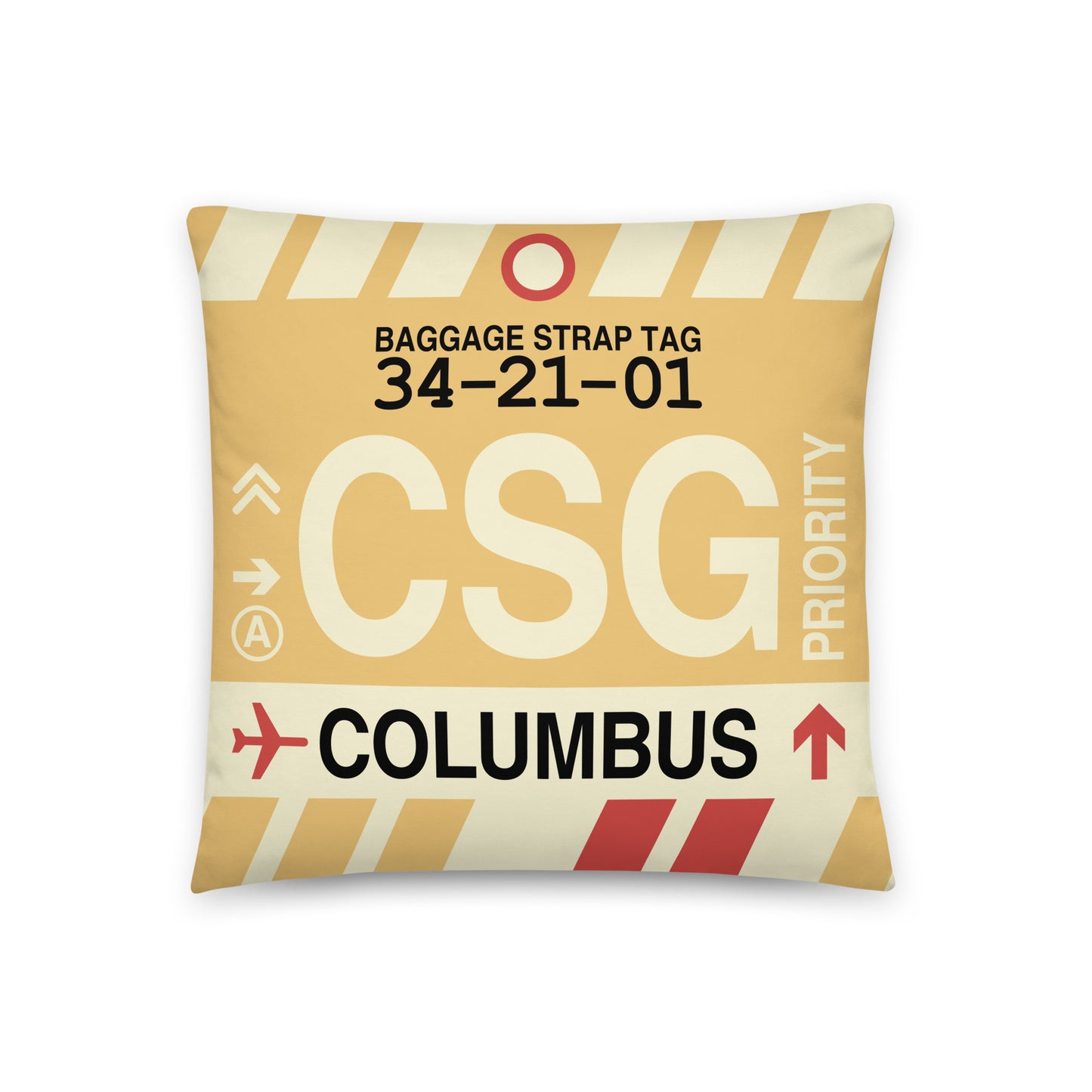 CSG Columbus Throw Pillow • Jet Age Baggage Tag Design • YHM Designs - Image 01