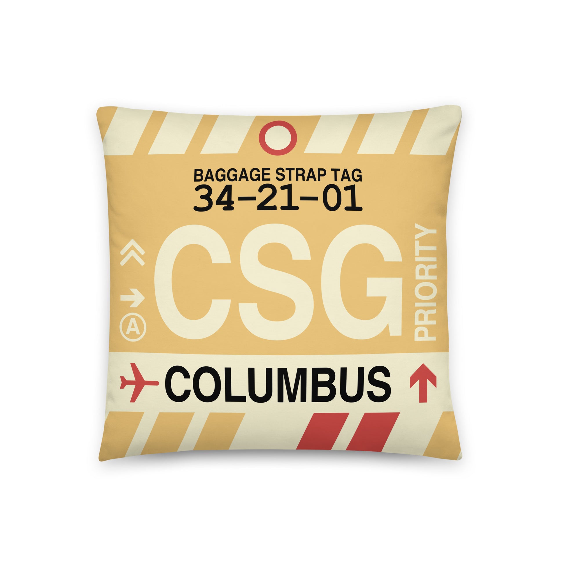 CSG Columbus Throw Pillow • Jet Age Baggage Tag Design • YHM Designs - Image 01