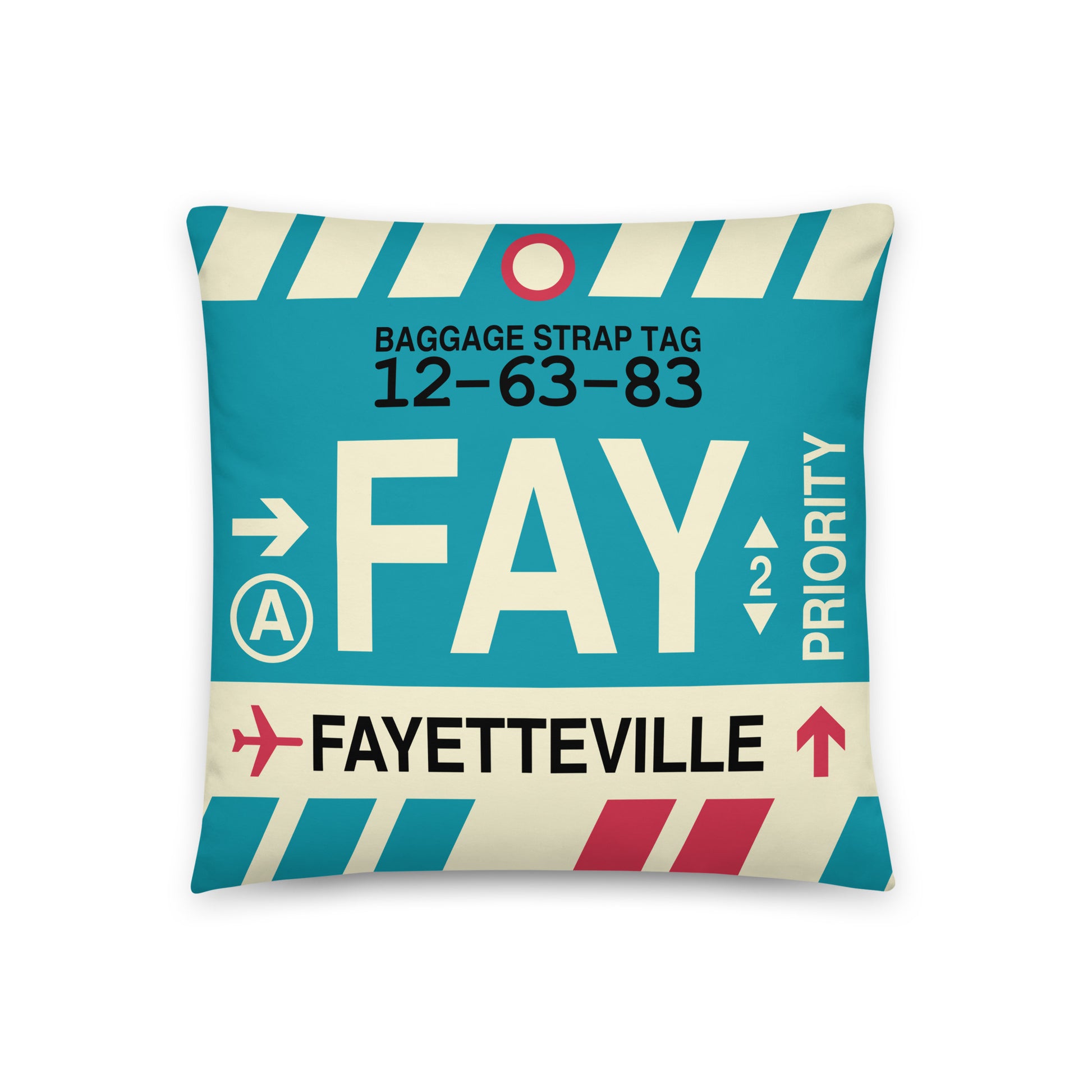 FAY Fayetteville Throw Pillow • Jet Age Baggage Tag Design • YHM Designs - Image 01