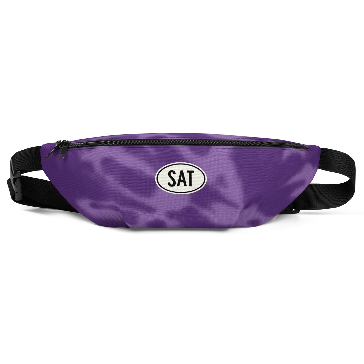 SAT San Antonio Fanny Pack • Oval Car Sticker Design - Purple Tie-Dye • YHM Designs - Image 01