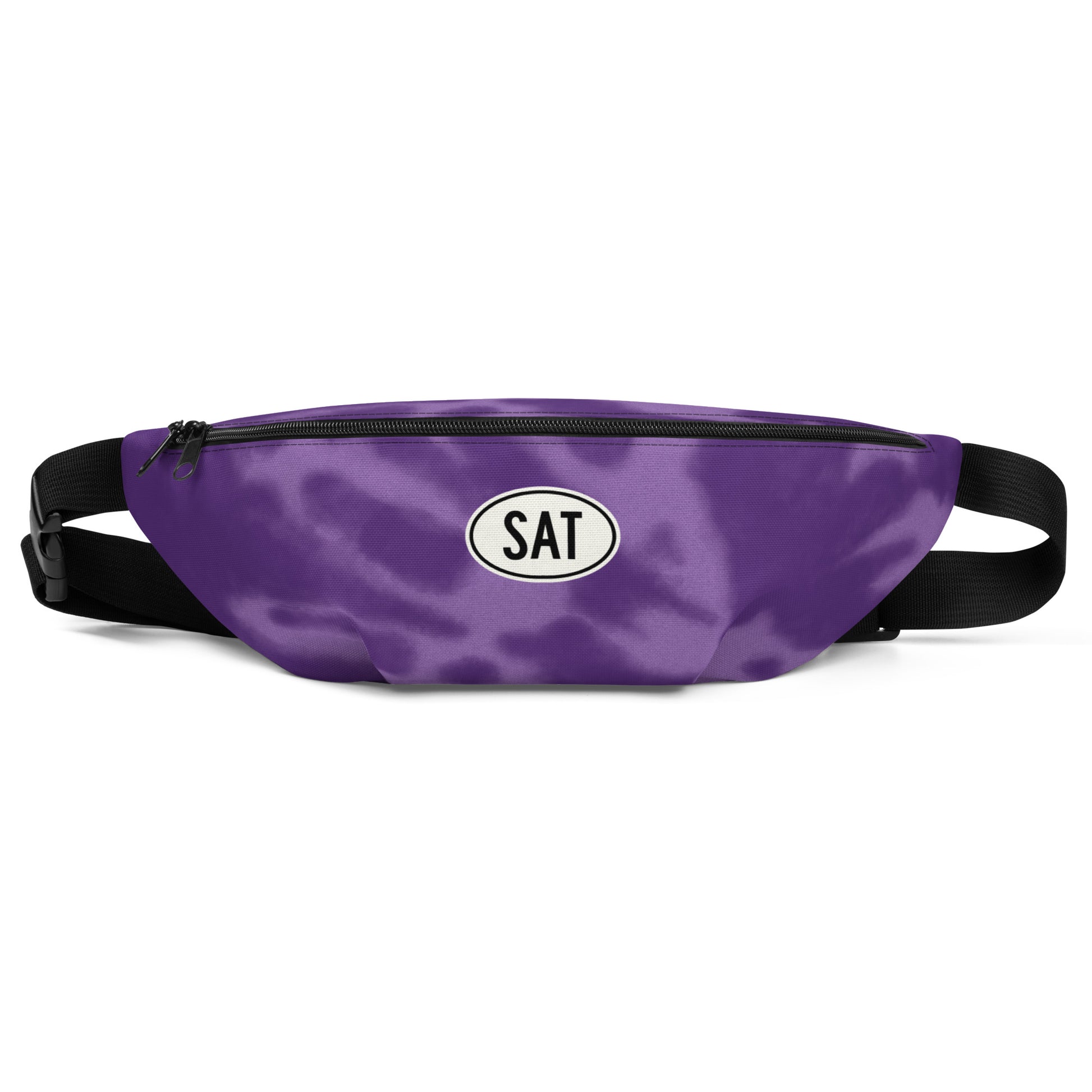 SAT San Antonio Fanny Pack • Oval Car Sticker Design - Purple Tie-Dye • YHM Designs - Image 01