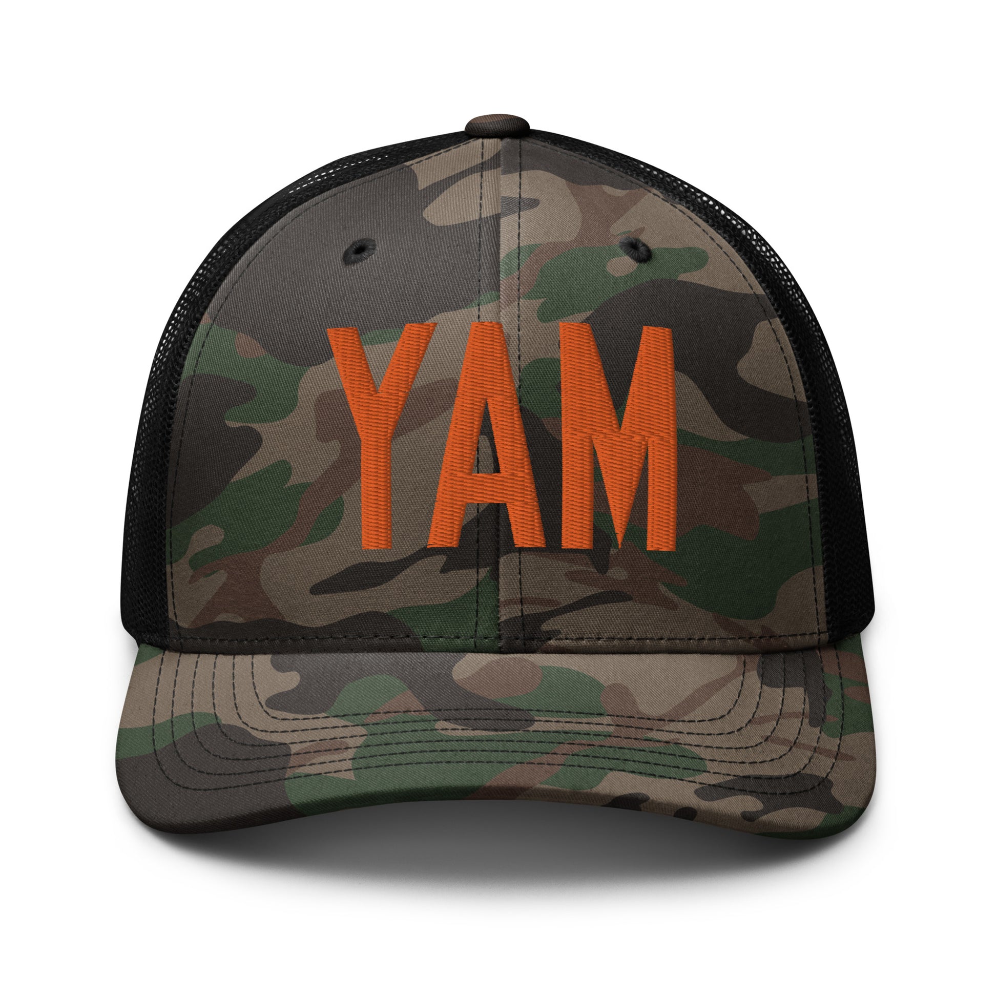 Airport Code Camouflage Trucker Hat - Orange • YAM Sault-Ste-Marie • YHM Designs - Image 10