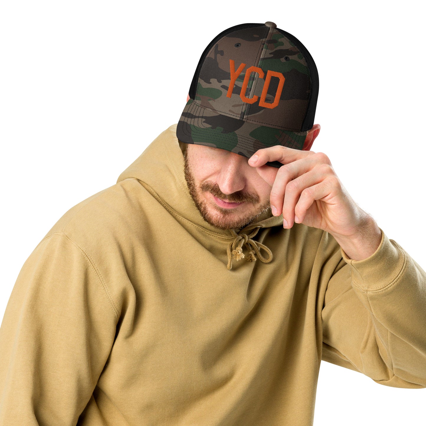 Airport Code Camouflage Trucker Hat - Orange • YCD Nanaimo • YHM Designs - Image 05