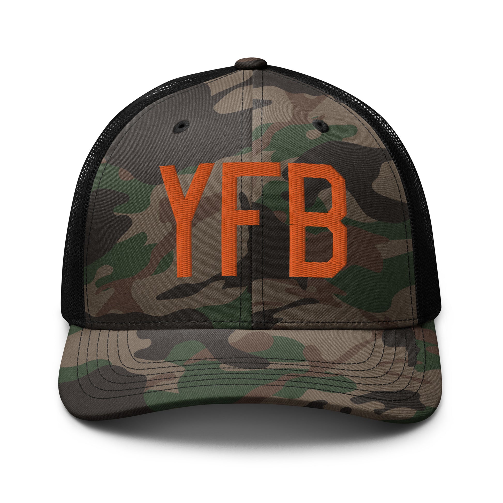 Airport Code Camouflage Trucker Hat - Orange • YFB Iqaluit • YHM Designs - Image 10