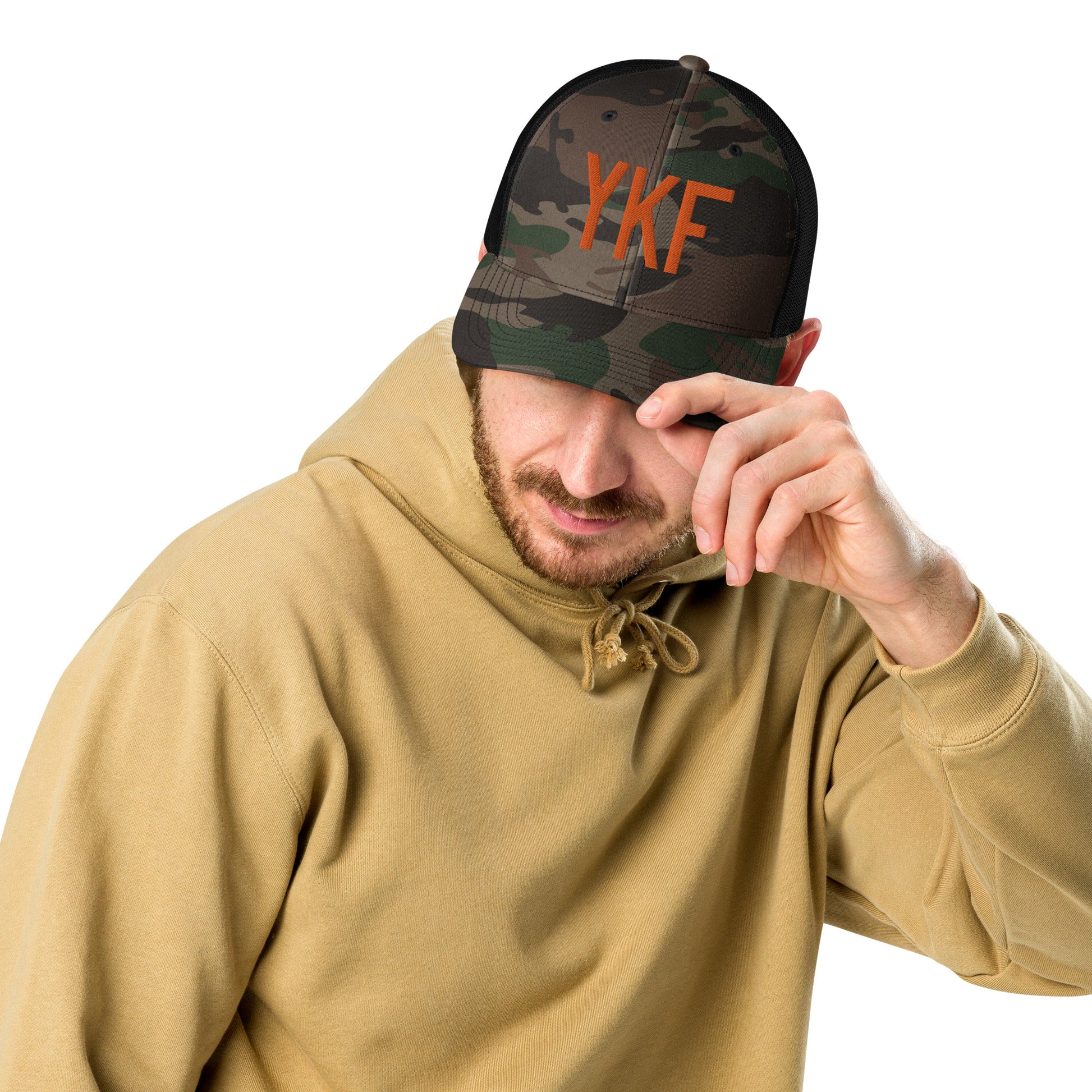 Airport Code Camouflage Trucker Hat - Orange • YKF Waterloo • YHM Designs - Image 05