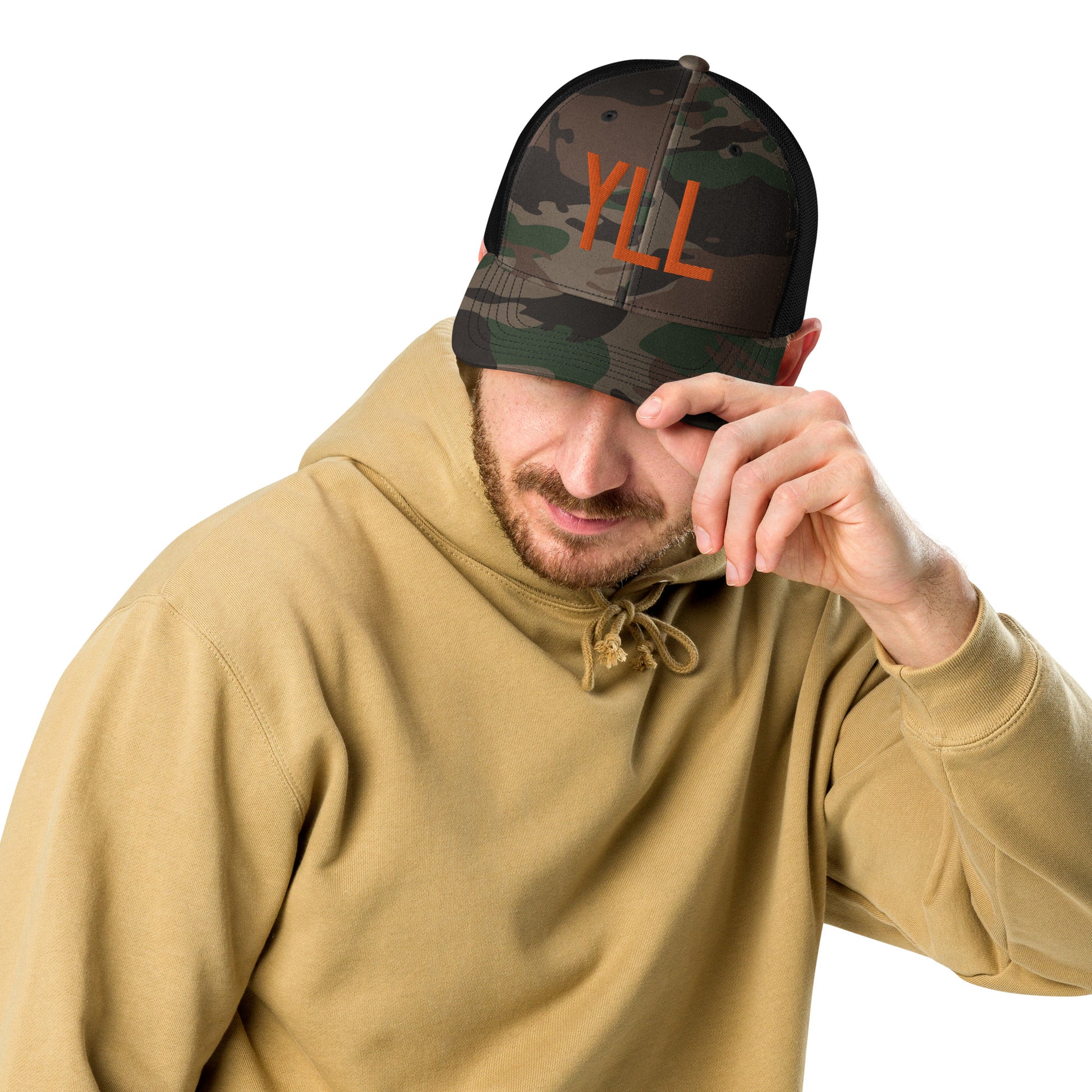 Airport Code Camouflage Trucker Hat - Orange • YLL Lloydminster • YHM Designs - Image 05