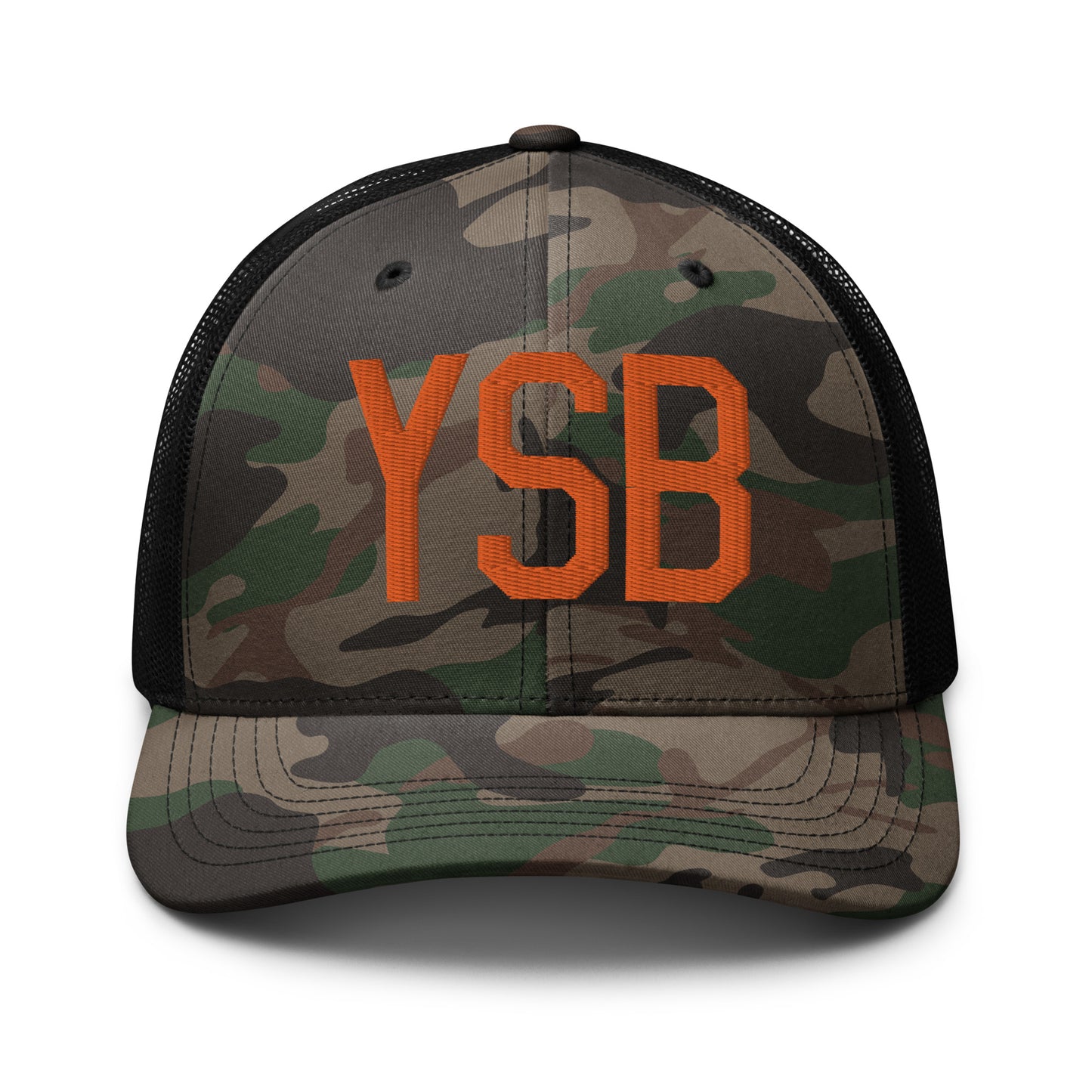 Airport Code Camouflage Trucker Hat - Orange • YSB Sudbury • YHM Designs - Image 10