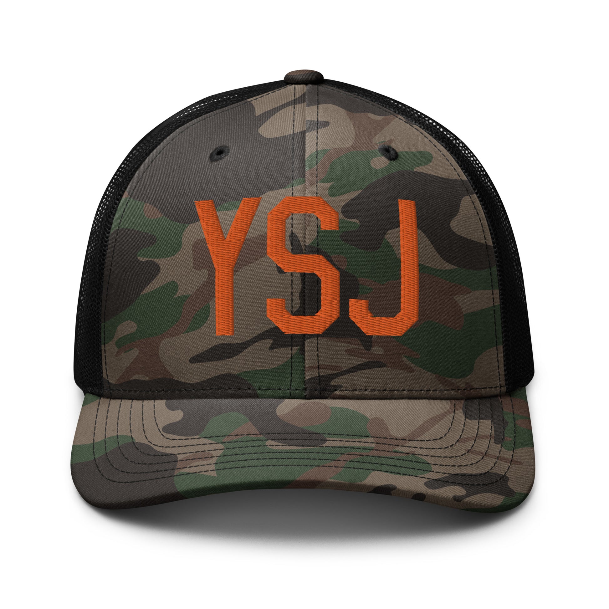 Airport Code Camouflage Trucker Hat - Orange • YSJ Saint John • YHM Designs - Image 10
