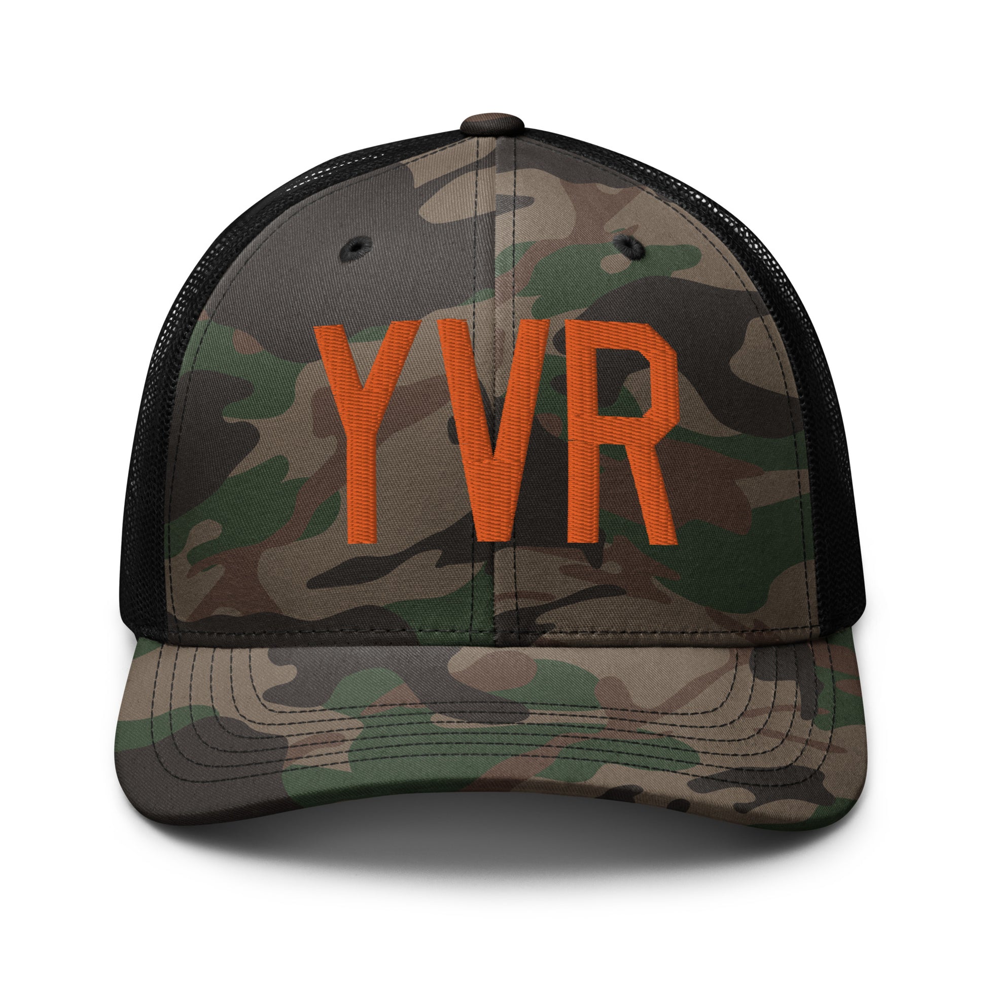 Airport Code Camouflage Trucker Hat - Orange • YVR Vancouver • YHM Designs - Image 10