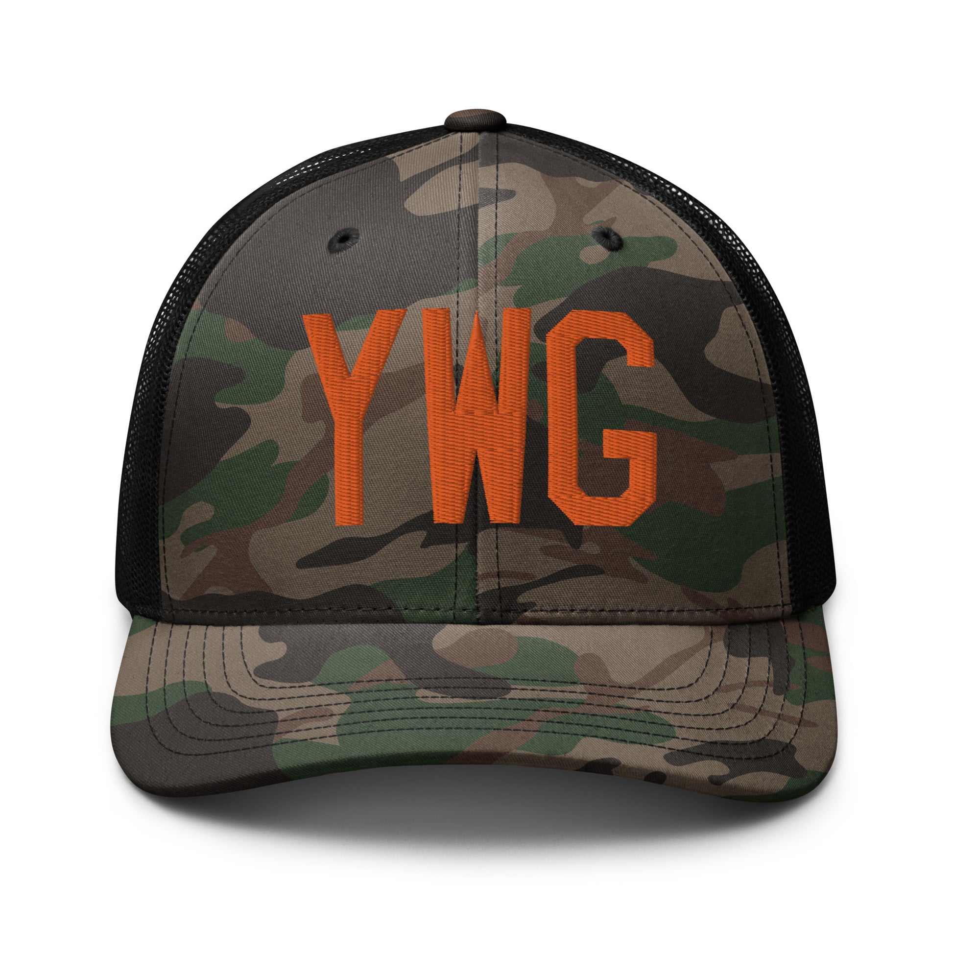 Airport Code Camouflage Trucker Hat - Orange • YWG Winnipeg • YHM Designs - Image 10