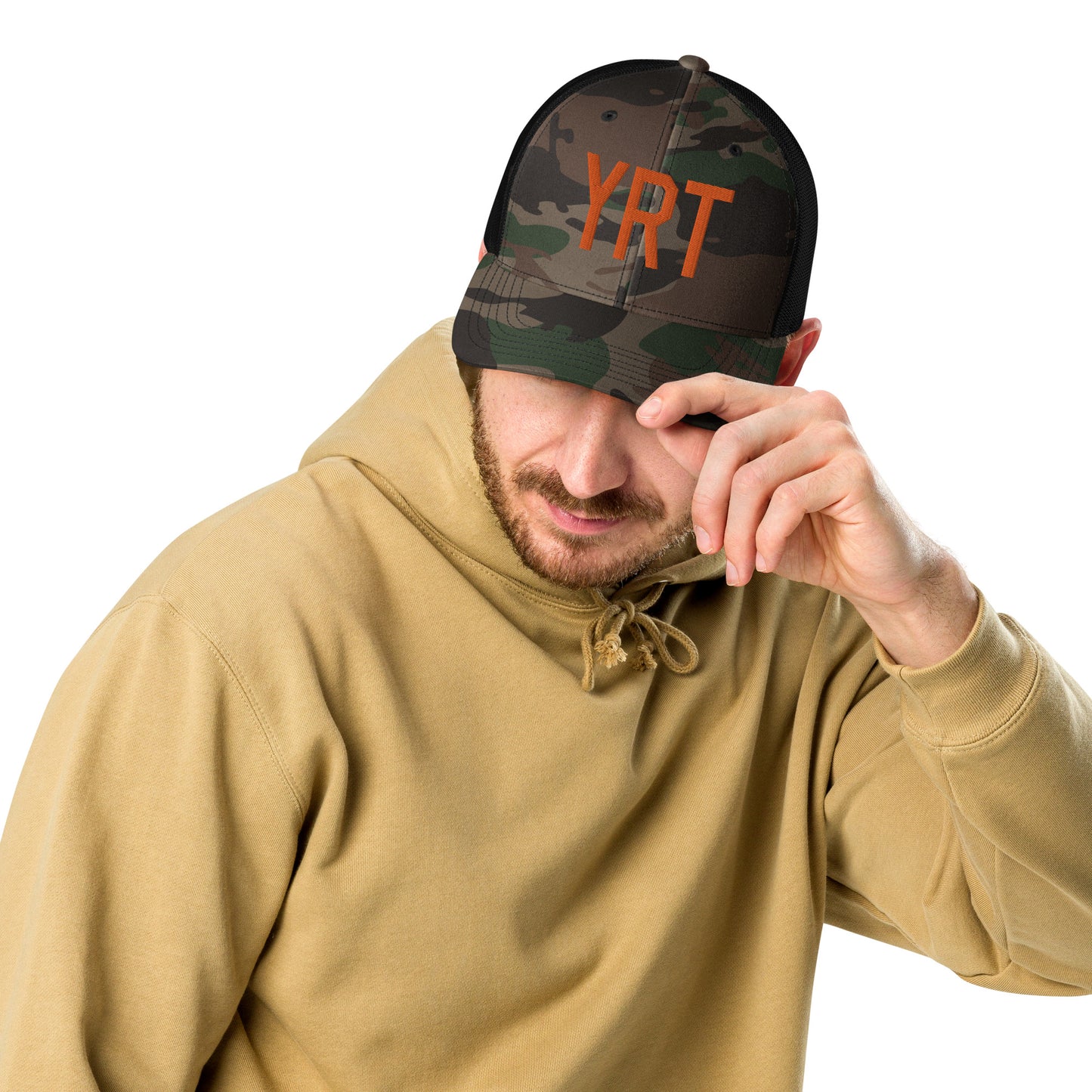 Airport Code Camouflage Trucker Hat - Orange • YRT Rankin Inlet • YHM Designs - Image 05