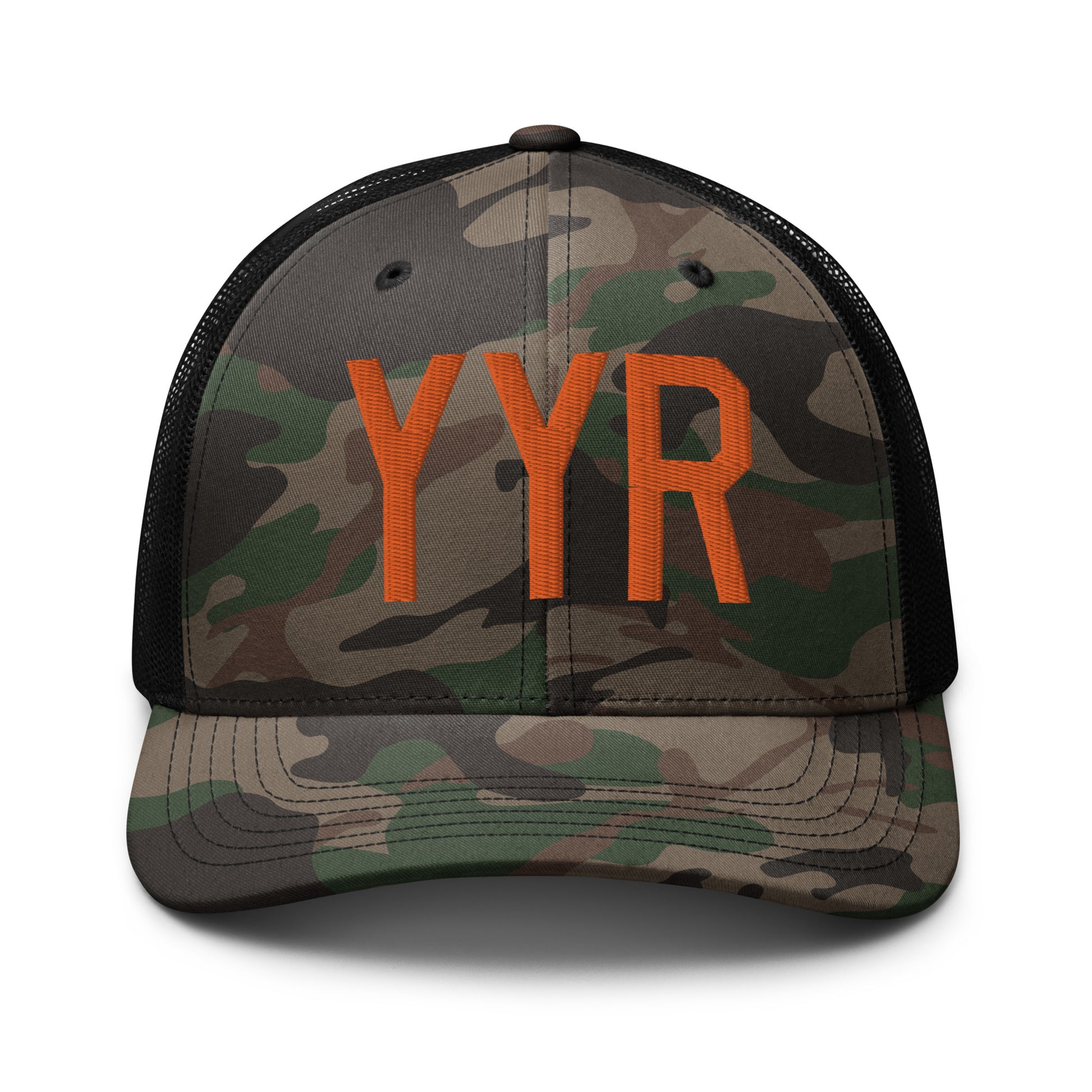 Airport Code Camouflage Trucker Hat - Orange • YYR Goose Bay • YHM Designs - Image 10
