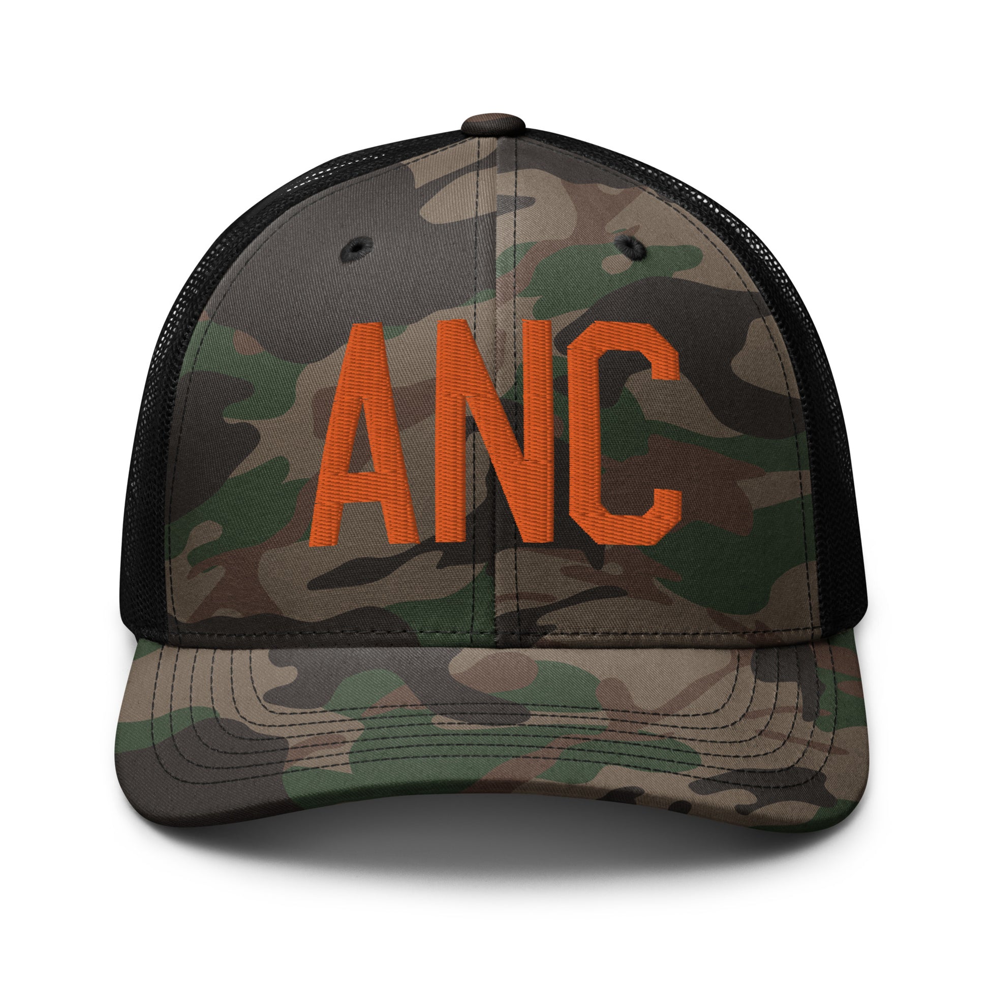 Airport Code Camouflage Trucker Hat - Orange • ANC Anchorage • YHM Designs - Image 10