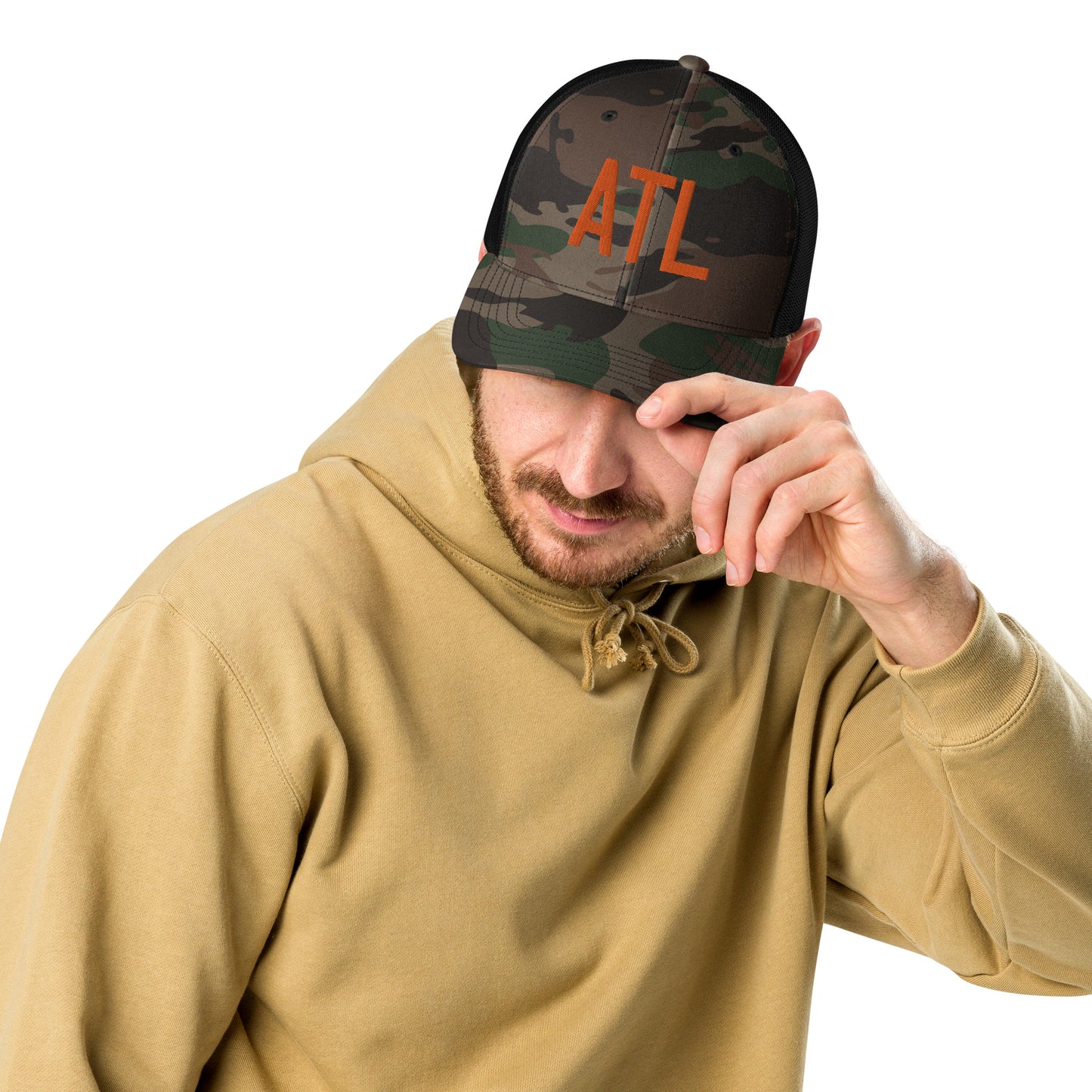 Airport Code Camouflage Trucker Hat - Orange • ATL Atlanta • YHM Designs - Image 05