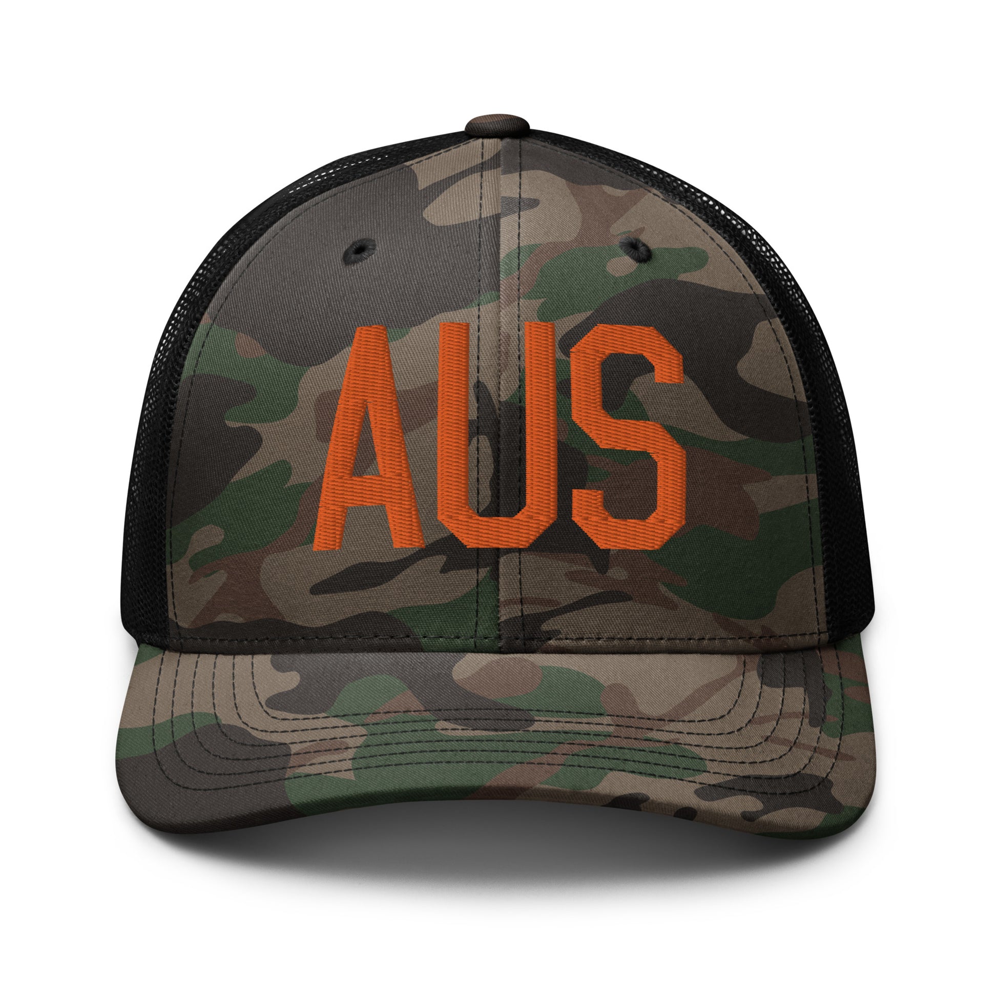 Airport Code Camouflage Trucker Hat - Orange • AUS Austin • YHM Designs - Image 10